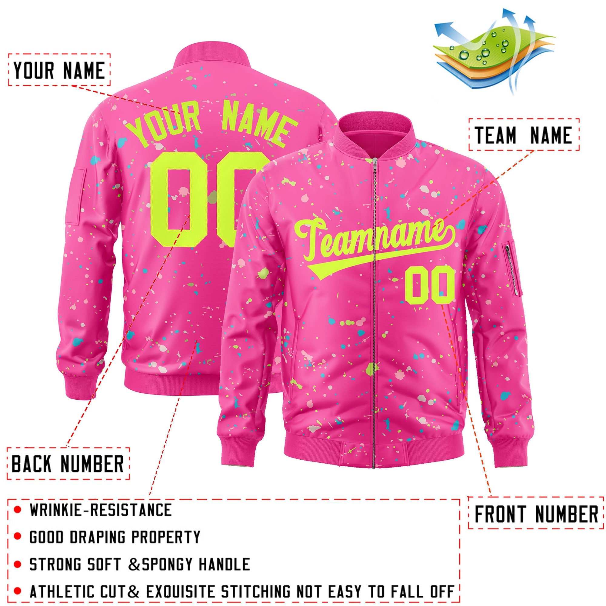 Custom Pink Neon Green Varsity Full-Zip Splash Graffiti Pattern Letterman Jacket