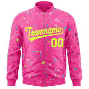 Custom Pink Neon Green Varsity Full-Zip Splash Graffiti Pattern Letterman Jacket