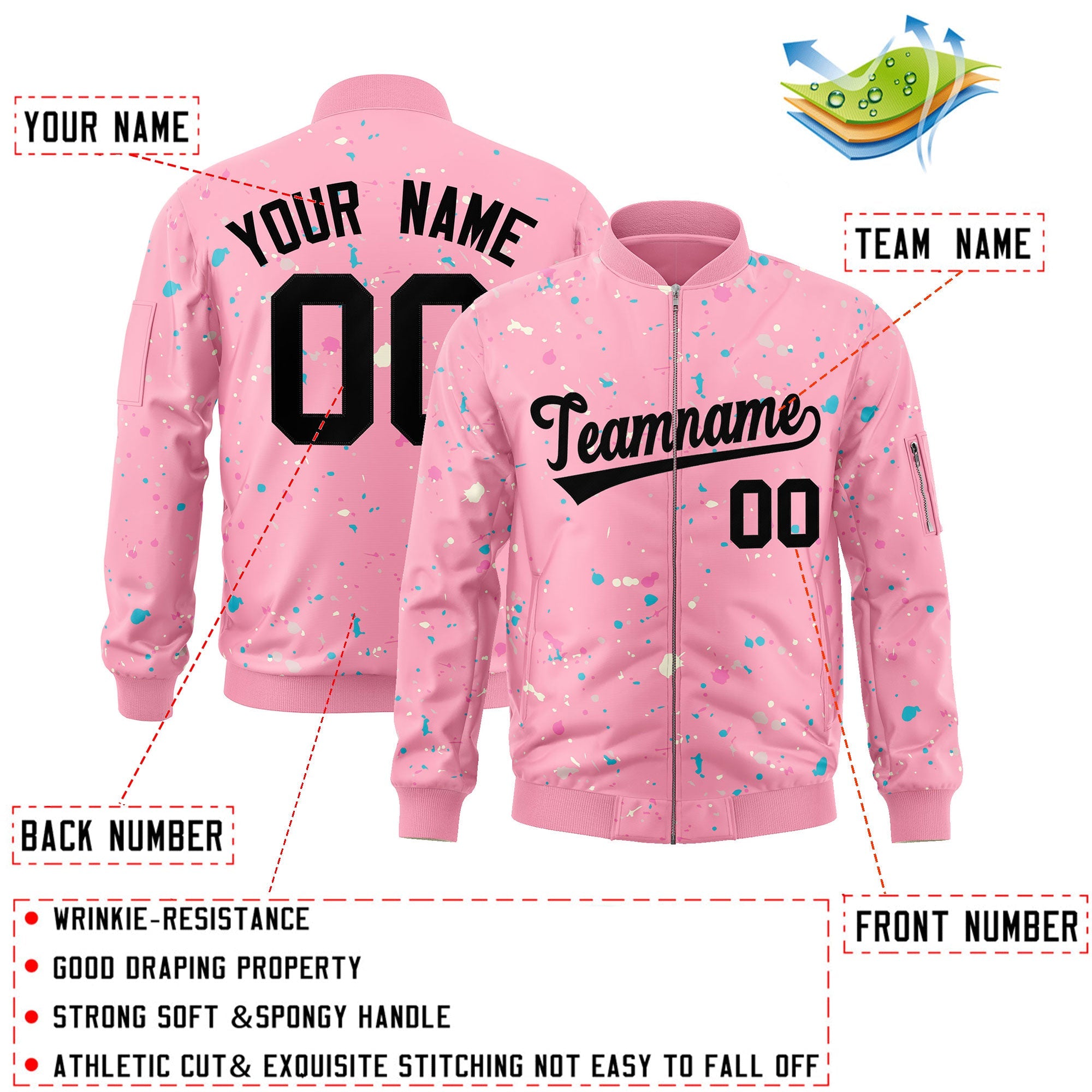 Custom Pink Black Varsity Full-Zip Splash Graffiti Pattern Letterman Jacket