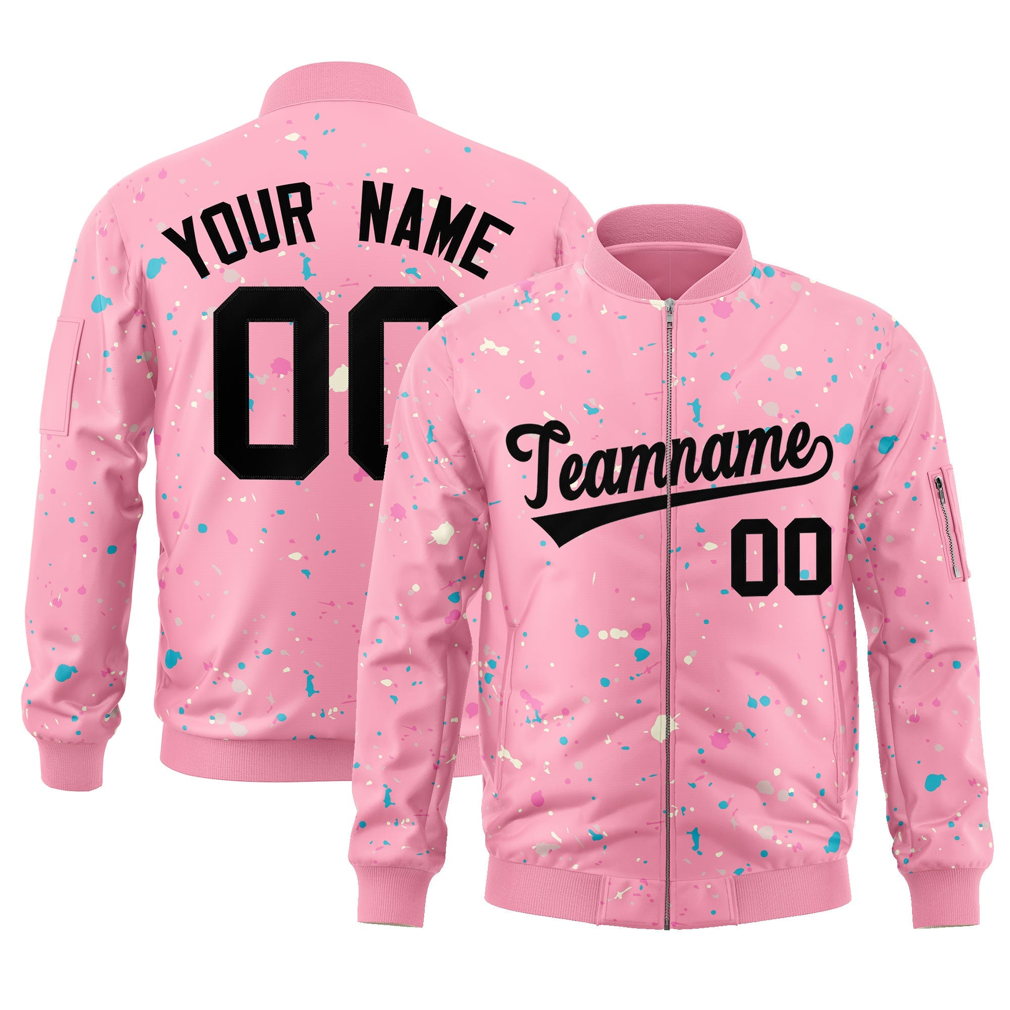 Custom Pink Black Varsity Full-Zip Splash Graffiti Pattern Letterman Jacket