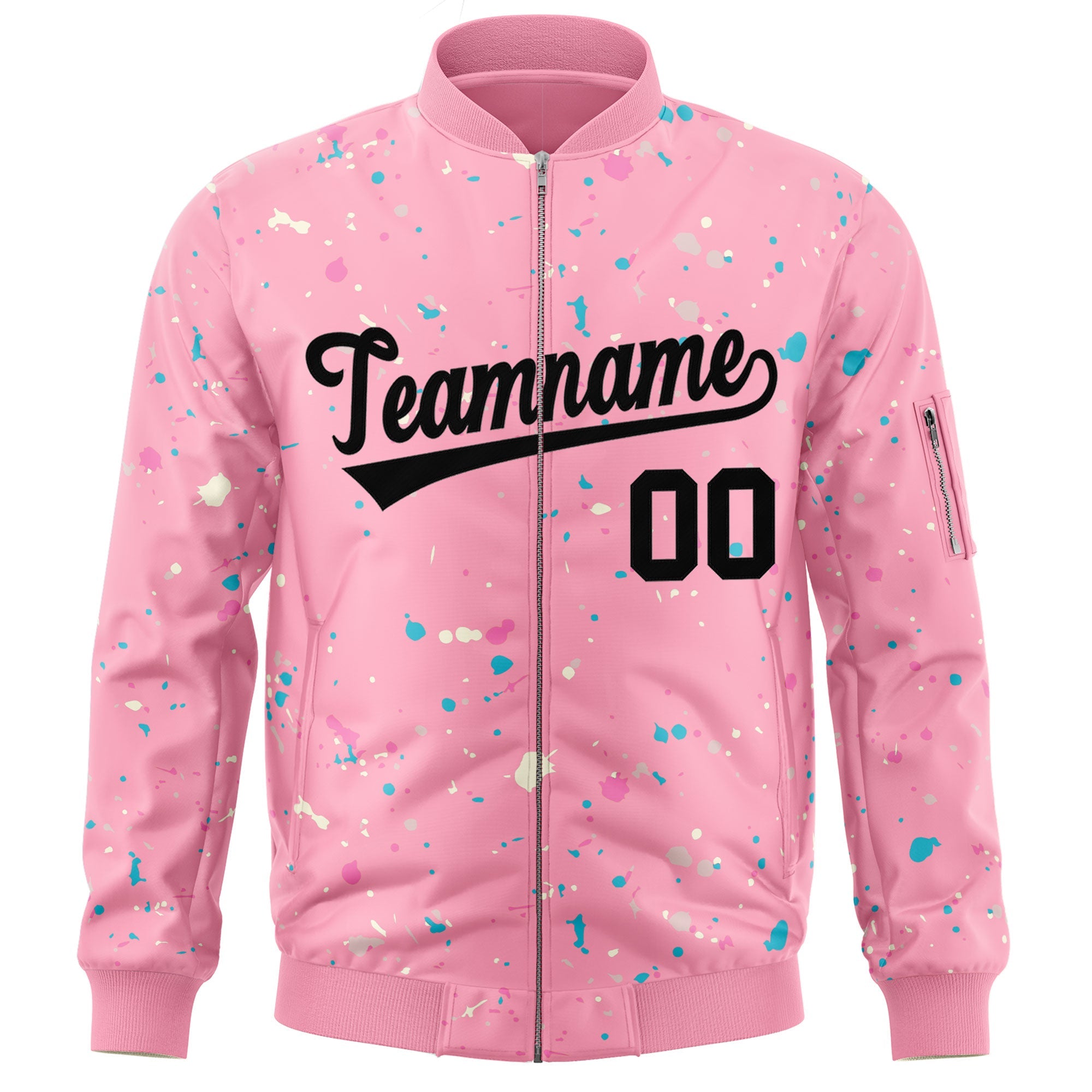 Custom Pink Black Varsity Full-Zip Splash Graffiti Pattern Letterman Jacket