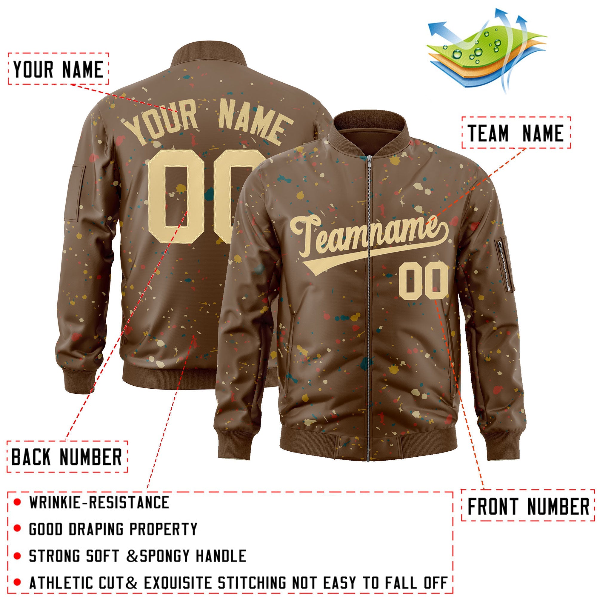 Custom Brown Khaki Varsity Full-Zip Splash Graffiti Pattern Letterman Jacket