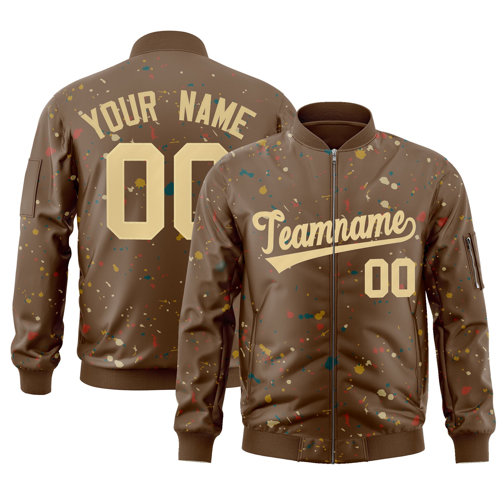 Custom Brown Khaki Varsity Full-Zip Splash Graffiti Pattern Letterman Jacket