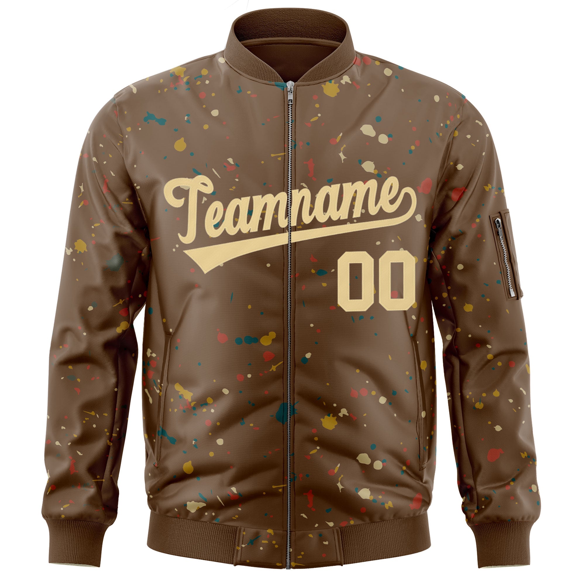 Custom Brown Khaki Varsity Full-Zip Splash Graffiti Pattern Letterman Jacket