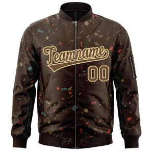 Custom Brown Khaki Varsity Full-Zip Splash Graffiti Pattern Letterman Jacket