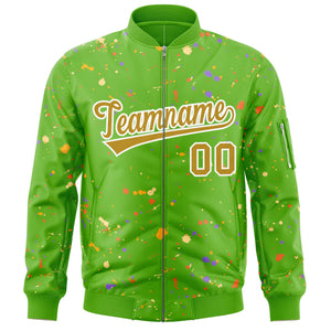 Custom Green Old Gold-White Varsity Full-Zip Splash Graffiti Pattern Letterman Jacket