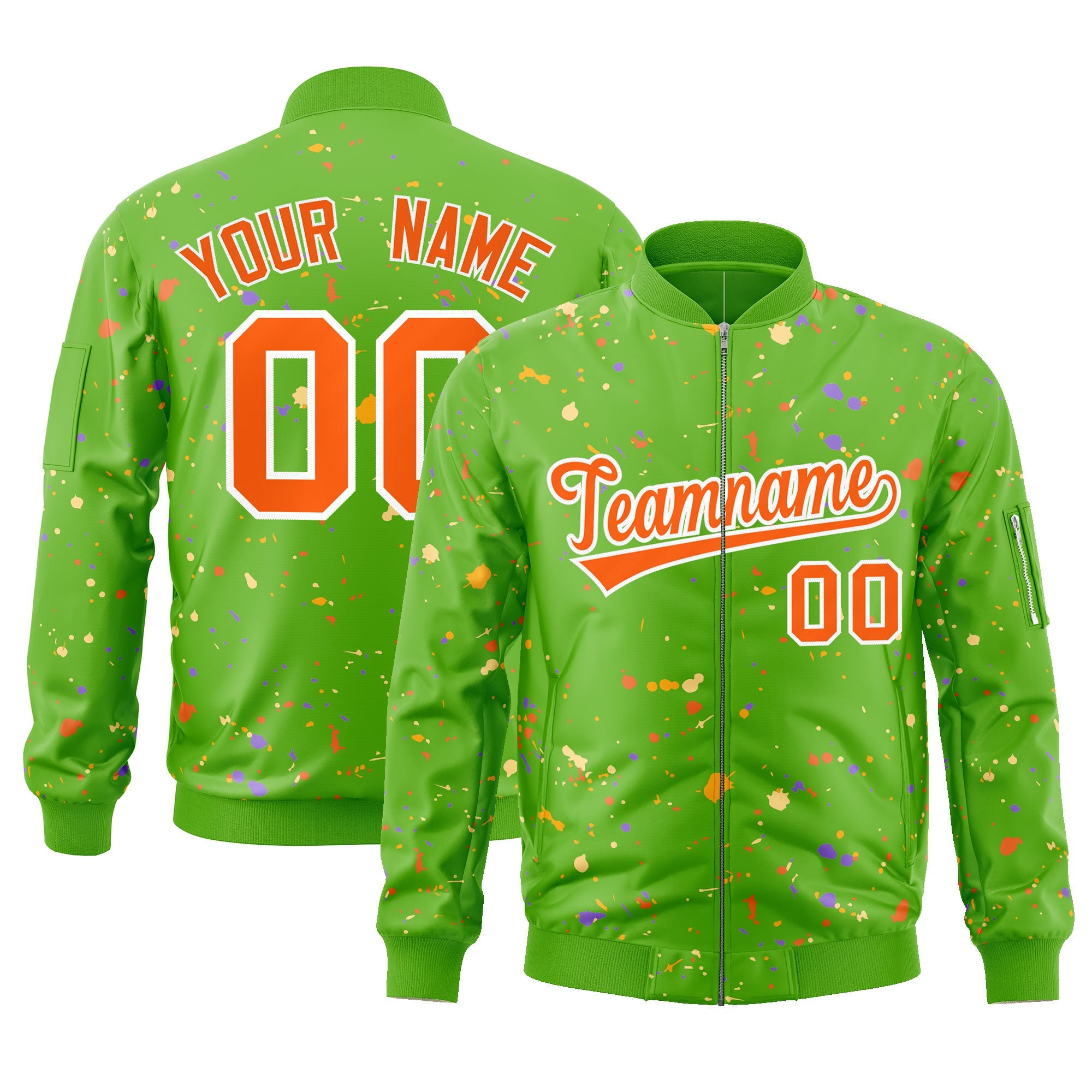 Custom Green Orange-White Varsity Full-Zip Splash Graffiti Pattern Letterman Jacket