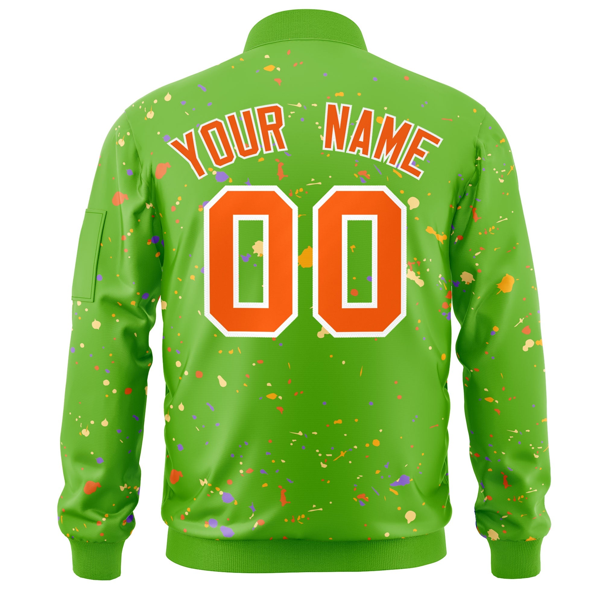 Custom Green Orange-White Varsity Full-Zip Splash Graffiti Pattern Letterman Jacket