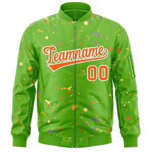 Custom Green Orange-White Varsity Full-Zip Splash Graffiti Pattern Letterman Jacket