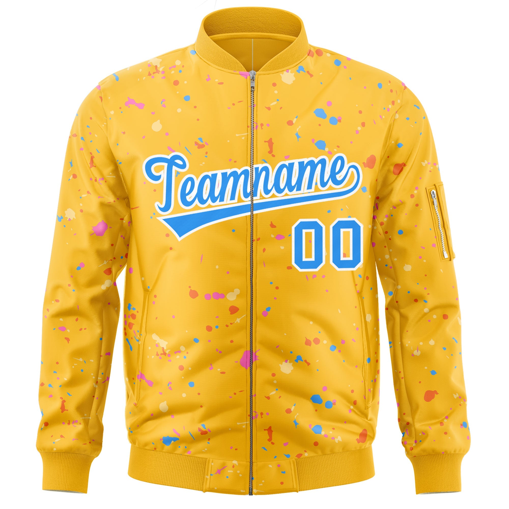 Custom Gold Powder Blue-White Varsity Full-Zip Splash Graffiti Pattern Letterman Jacket