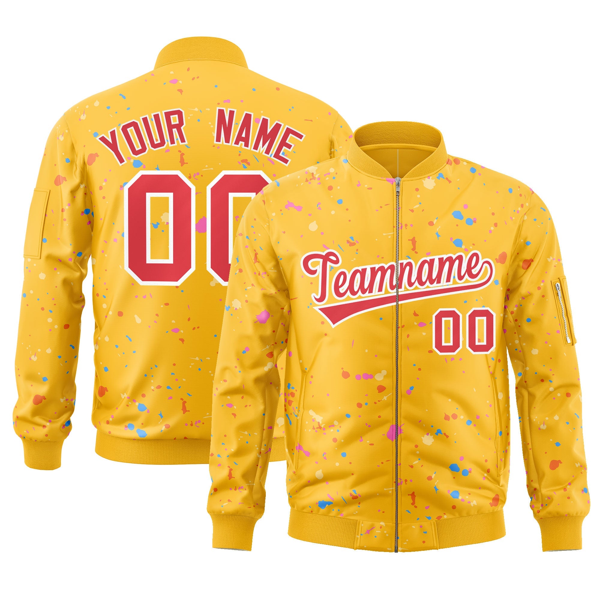 Custom Gold Red-White Varsity Full-Zip Splash Graffiti Pattern Letterman Jacket