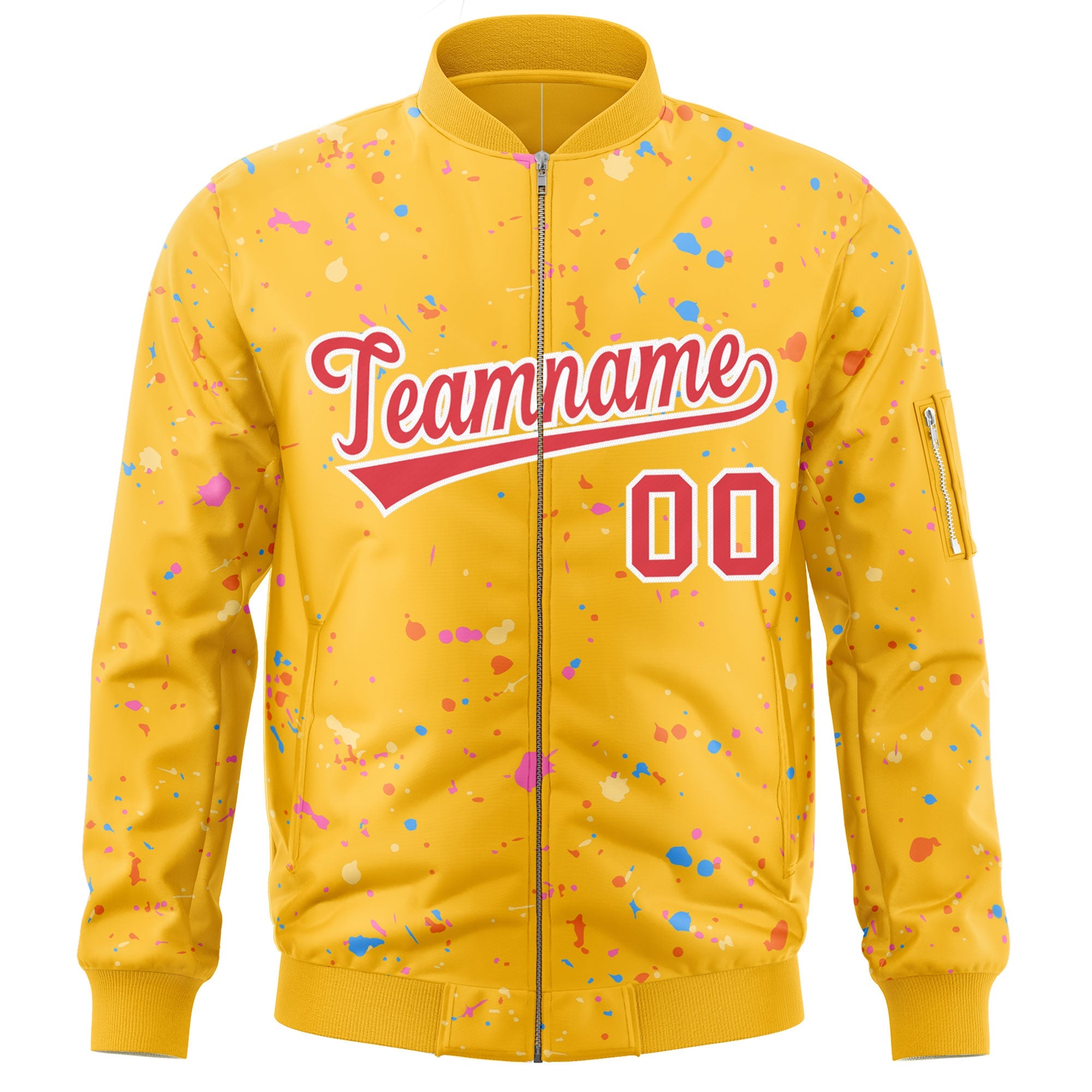 Custom Gold Red-White Varsity Full-Zip Splash Graffiti Pattern Letterman Jacket