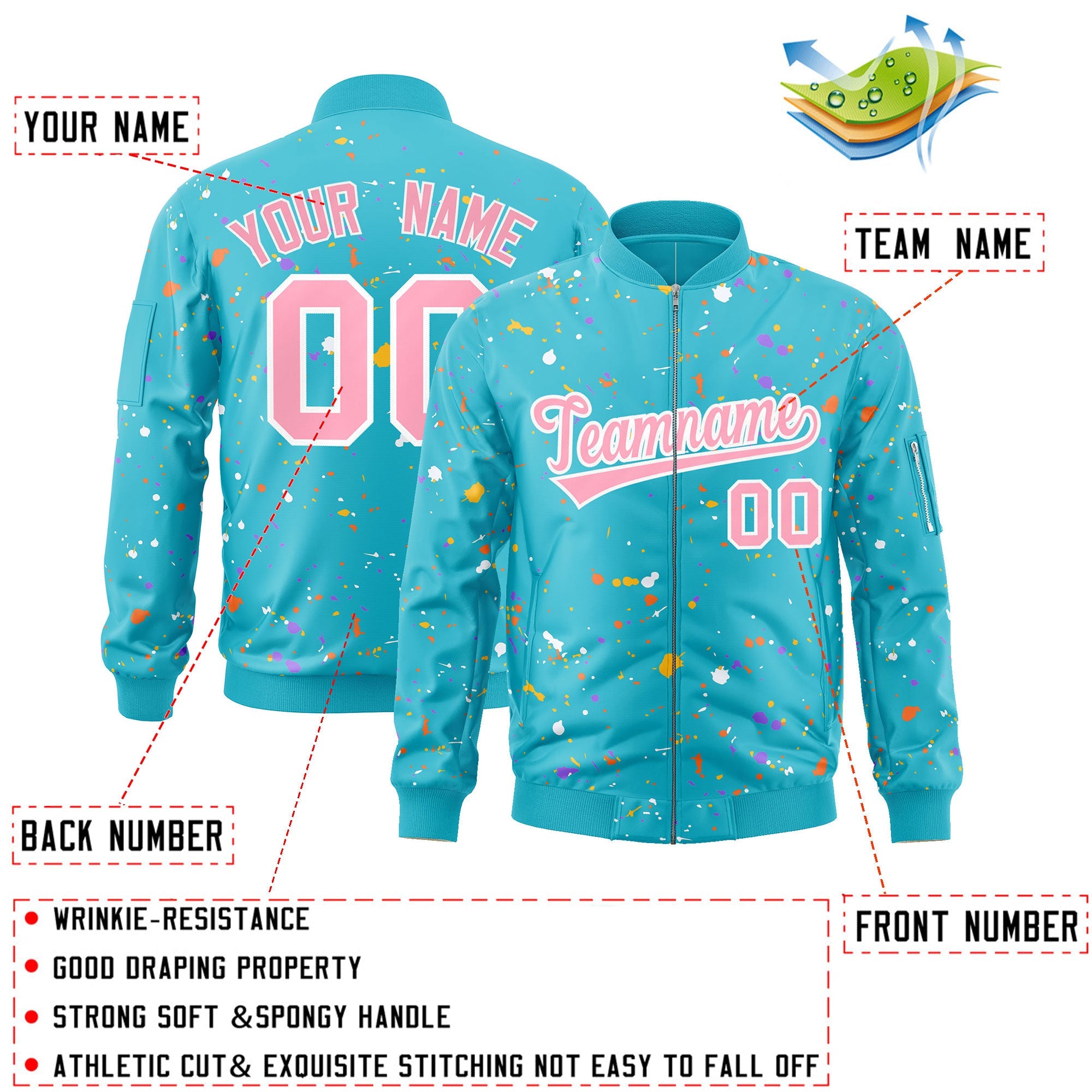 Custom Light Blue Pink-White Varsity Full-Zip Splash Graffiti Pattern Letterman Jacket