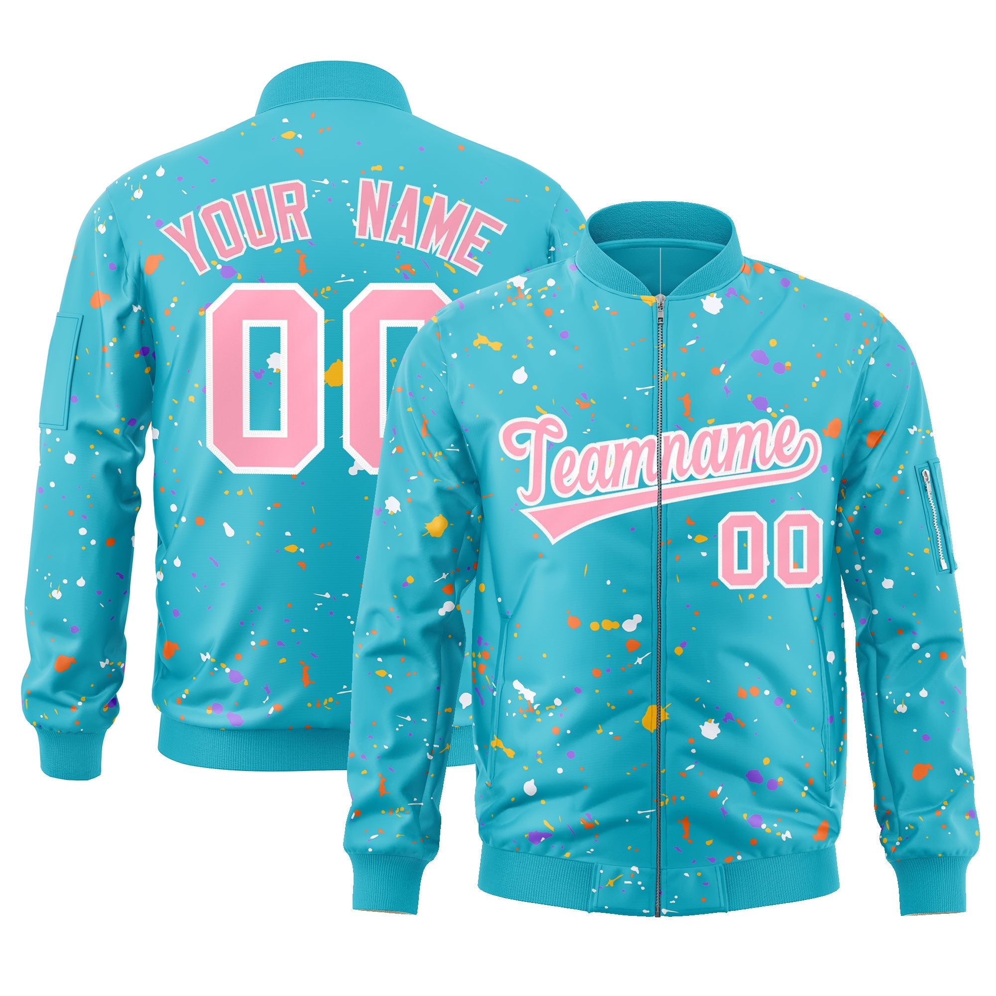 Custom Light Blue Pink-White Varsity Full-Zip Splash Graffiti Pattern Letterman Jacket