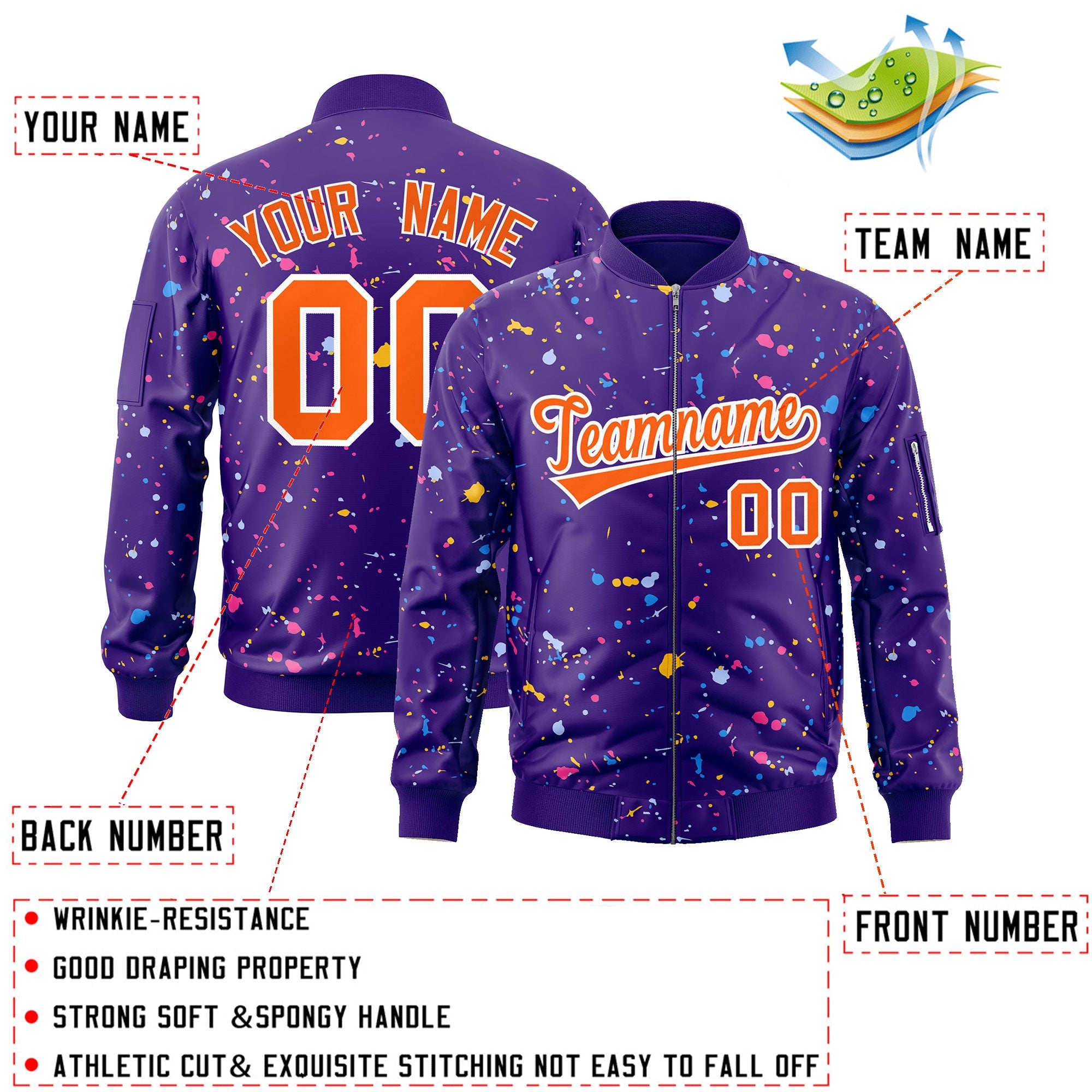 Custom Purple Orange-White Varsity Full-Zip Splash Graffiti Pattern Letterman Jacket