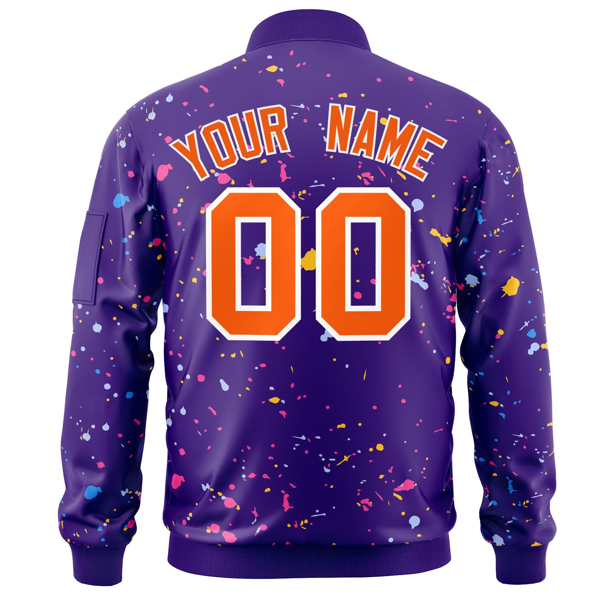 Custom Purple Orange-White Varsity Full-Zip Splash Graffiti Pattern Letterman Jacket