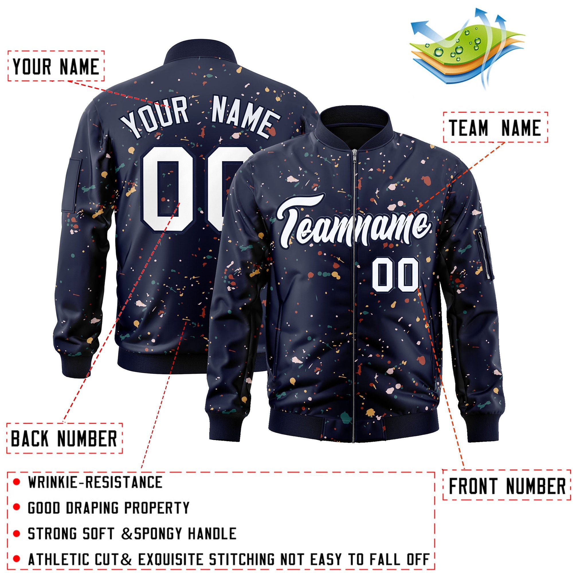 Custom Navy White Varsity Full-Zip Splash Graffiti Pattern Letterman Jacket