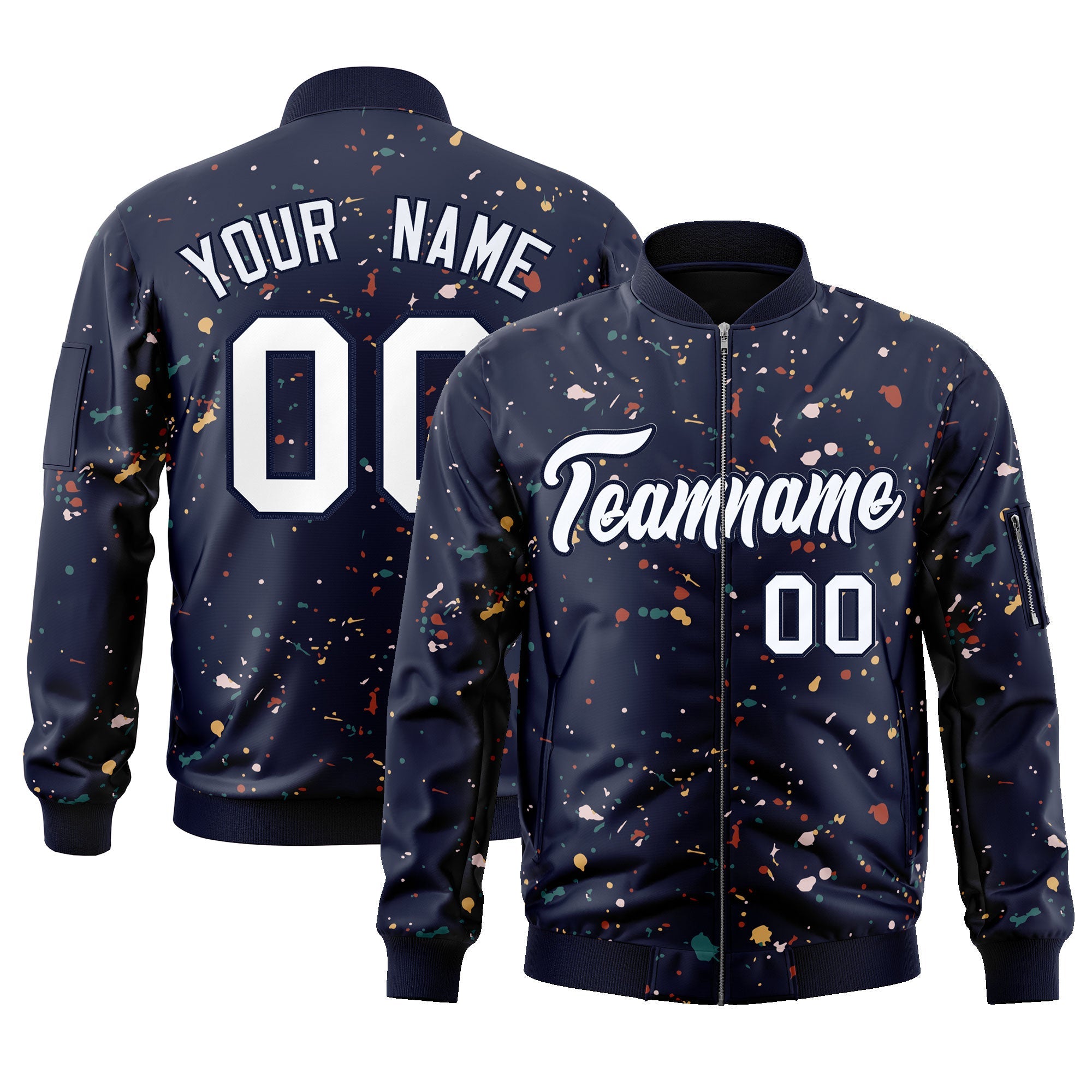 Custom Navy White Varsity Full-Zip Splash Graffiti Pattern Letterman Jacket