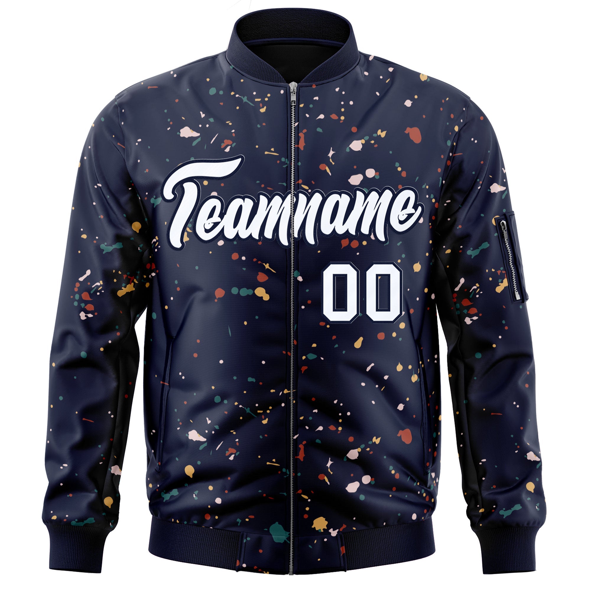 Custom Navy White Varsity Full-Zip Splash Graffiti Pattern Letterman Jacket