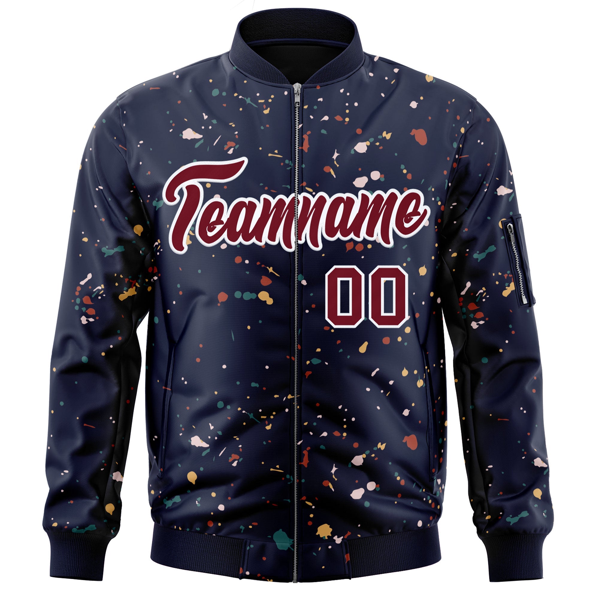 Custom Navy Crimson-White Varsity Full-Zip Splash Graffiti Pattern Letterman Jacket