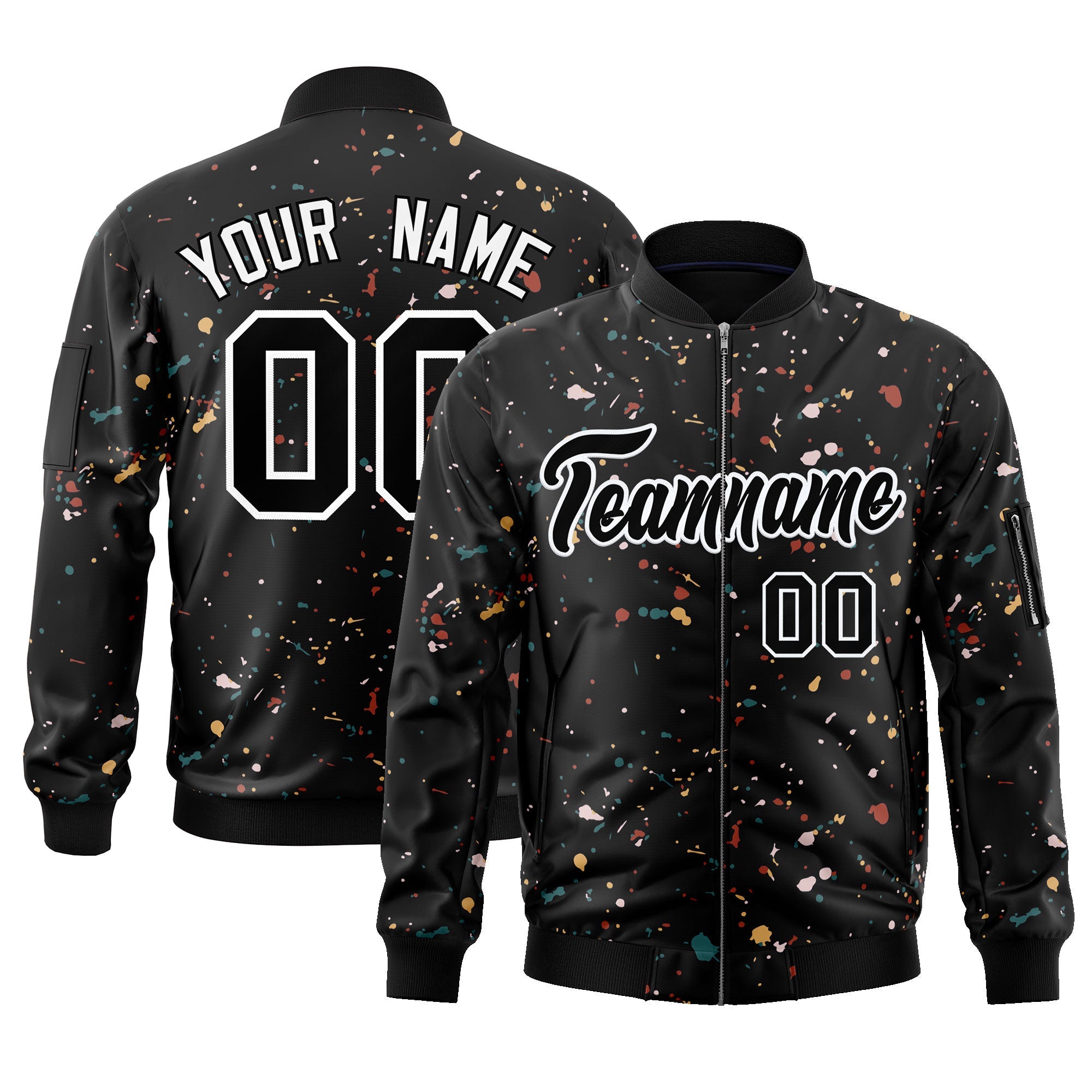 Custom Black White Varsity Full-Zip Splash Graffiti Pattern Letterman Jacket