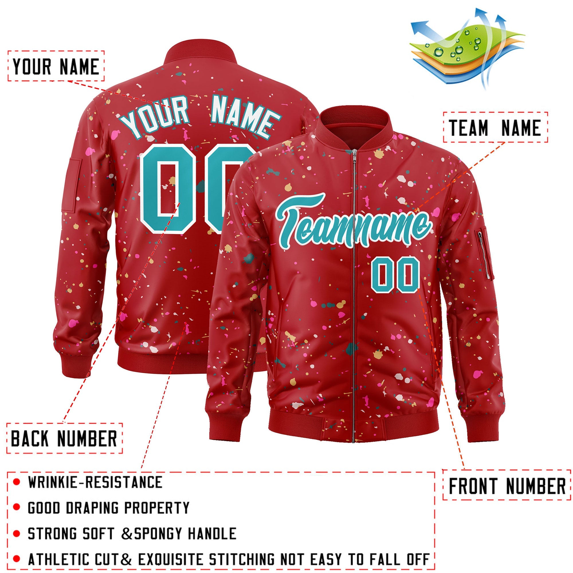 Custom Red Aqua-White Varsity Full-Zip Splash Graffiti Pattern Letterman Jacket