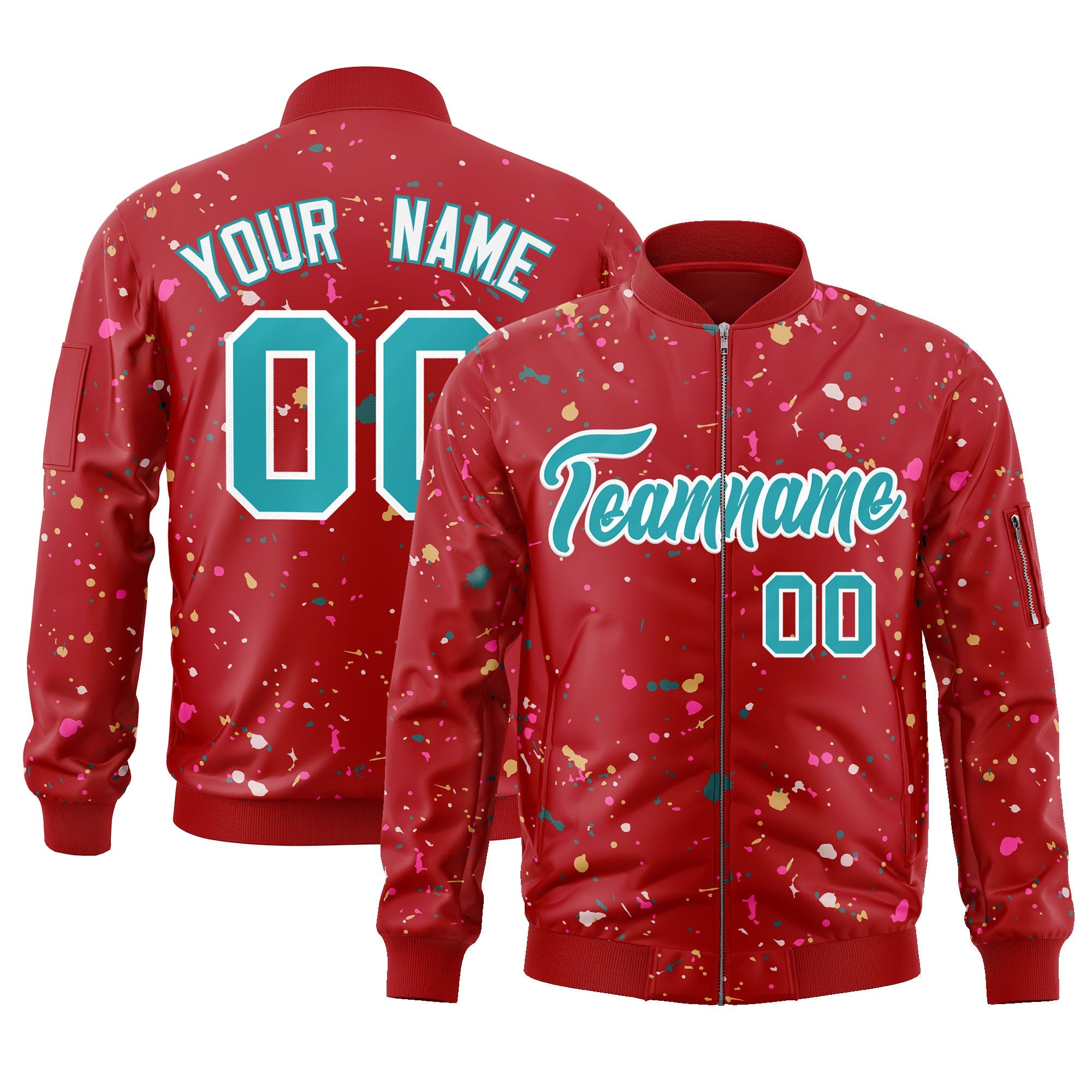 Custom Red Aqua-White Varsity Full-Zip Splash Graffiti Pattern Letterman Jacket