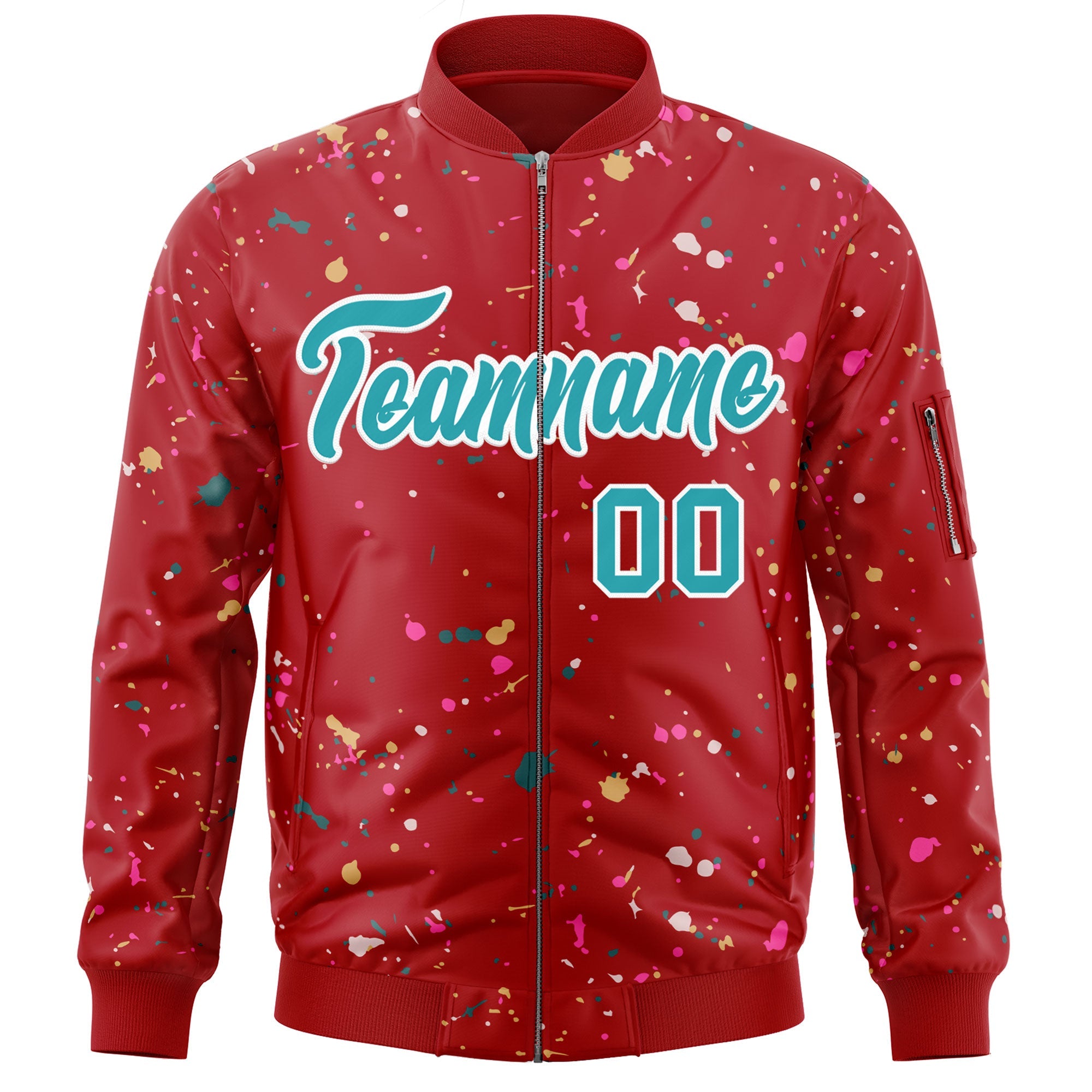 Custom Red Aqua-White Varsity Full-Zip Splash Graffiti Pattern Letterman Jacket