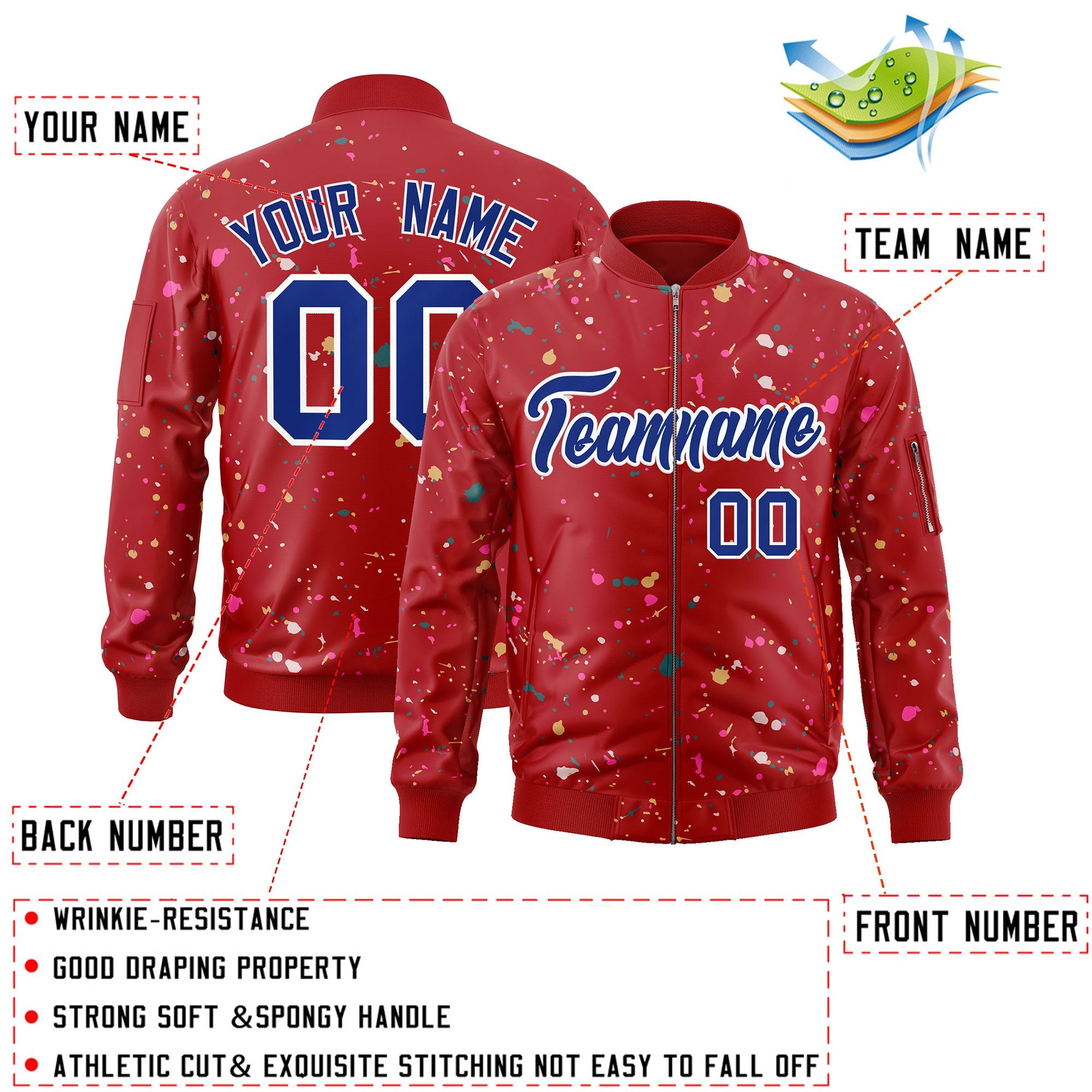 Custom Red Royal-White Varsity Full-Zip Splash Graffiti Pattern Letterman Jacket