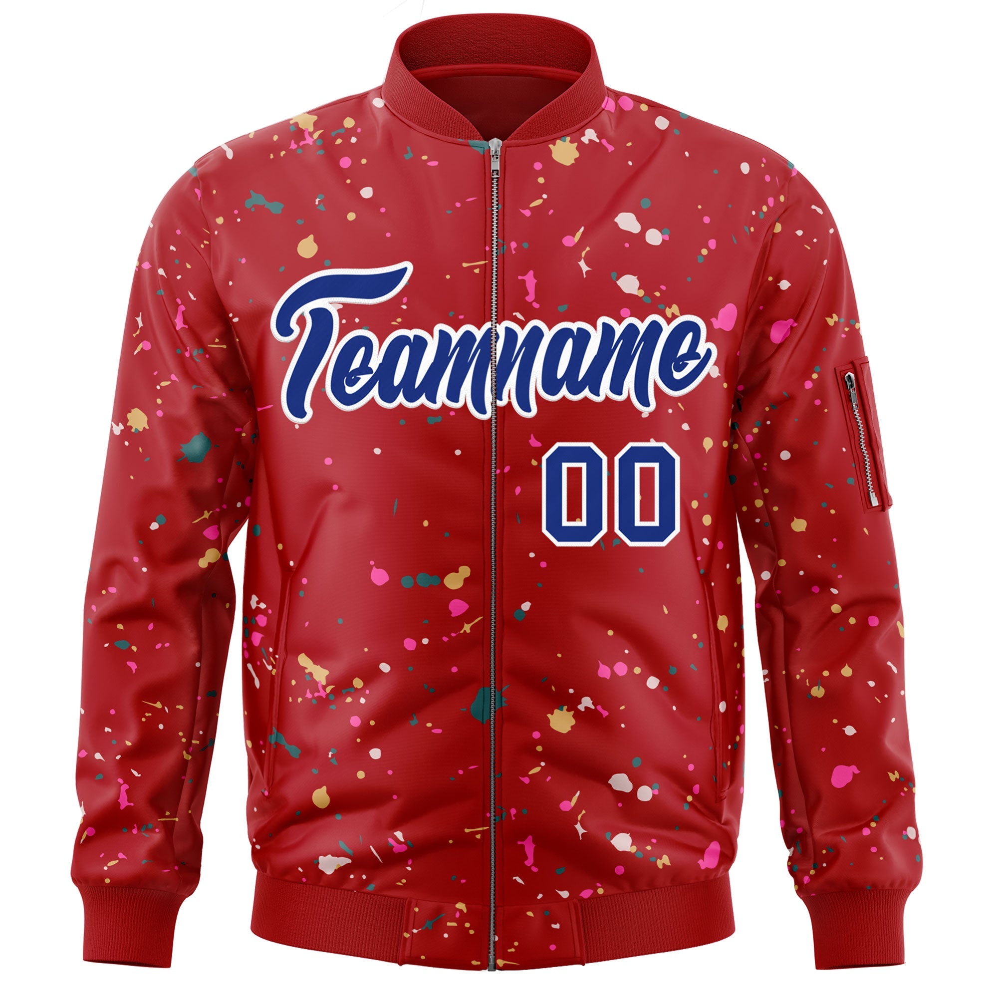 Custom Red Royal-White Varsity Full-Zip Splash Graffiti Pattern Letterman Jacket