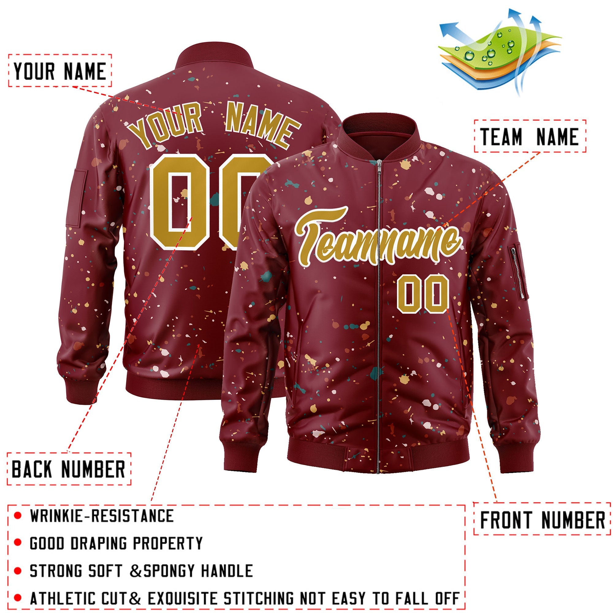 Custom Crimson Old Gold-White Varsity Full-Zip Splash Graffiti Pattern Letterman Jacket