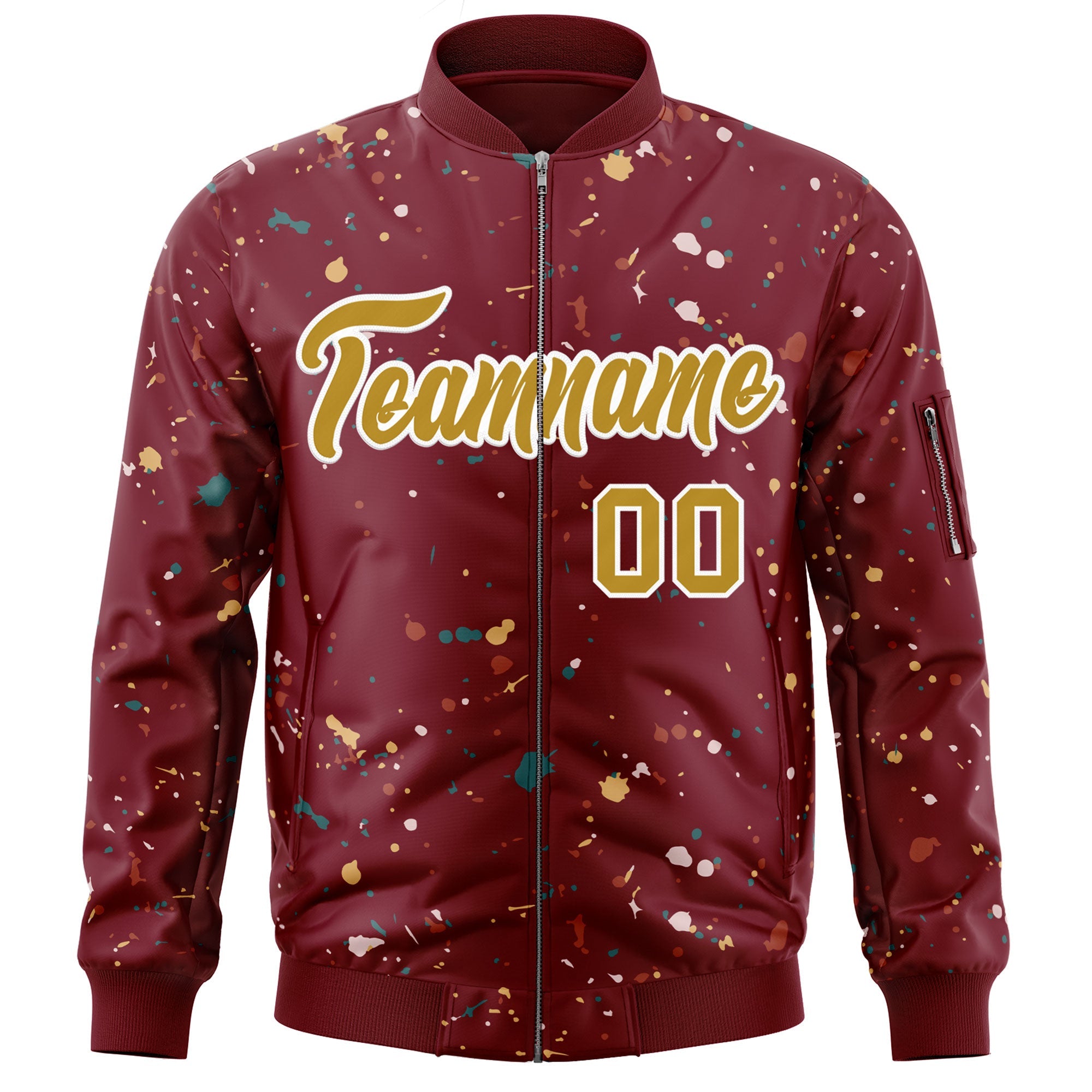 Custom Crimson Old Gold-White Varsity Full-Zip Splash Graffiti Pattern Letterman Jacket