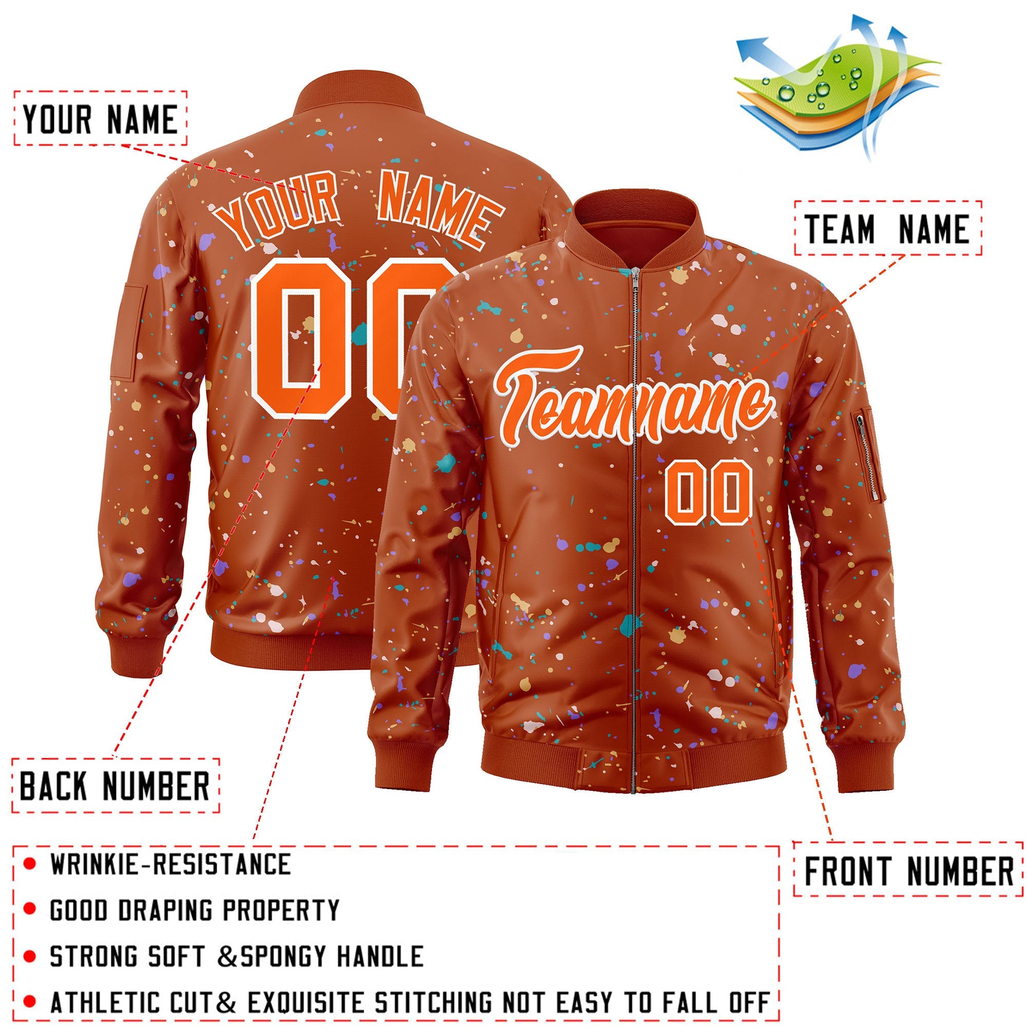 Custom Orange White Varsity Full-Zip Splash Graffiti Pattern Letterman Jacket