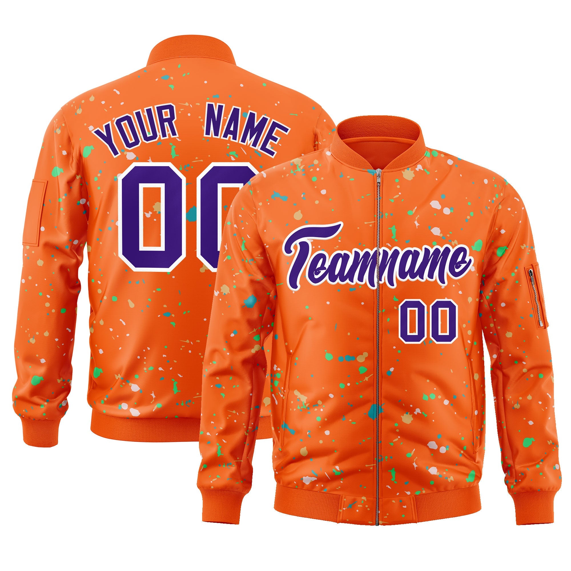 Custom Orange Purple-White Varsity Full-Zip Splash Graffiti Pattern Letterman Jacket