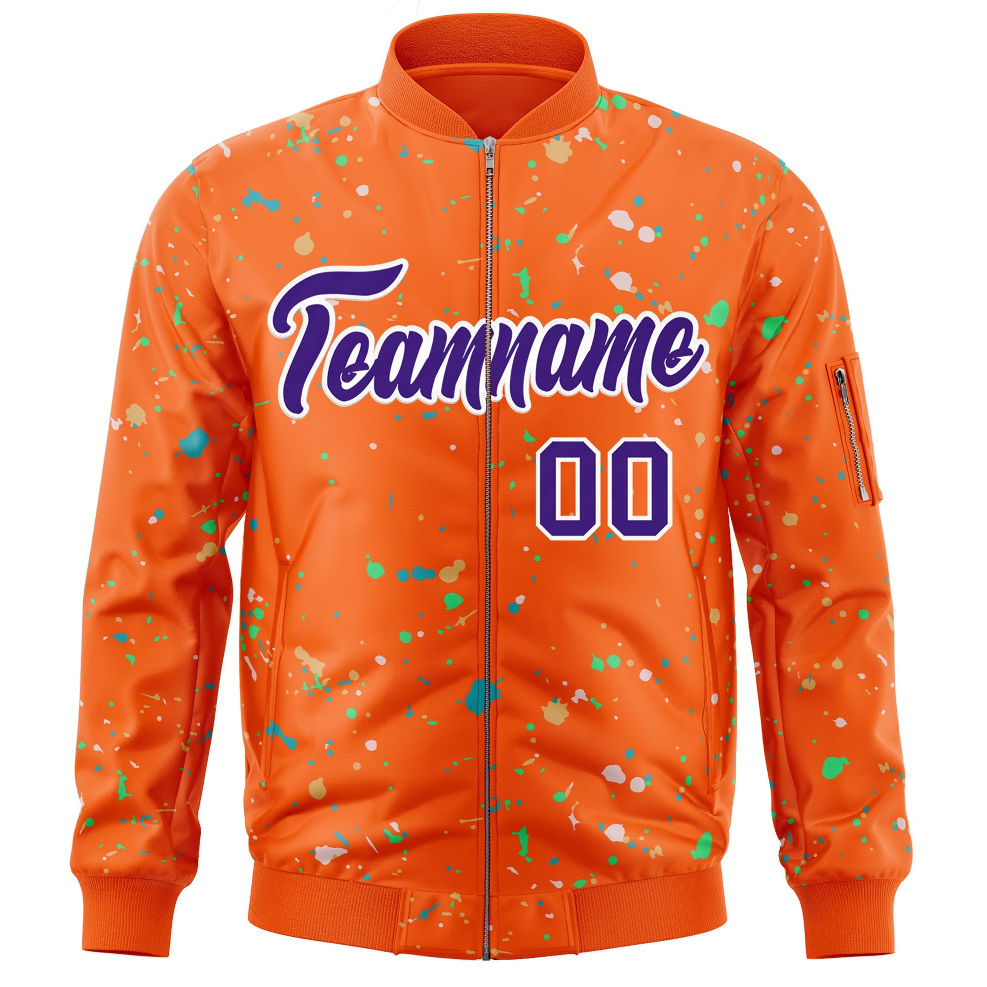 Custom Orange Purple-White Varsity Full-Zip Splash Graffiti Pattern Letterman Jacket