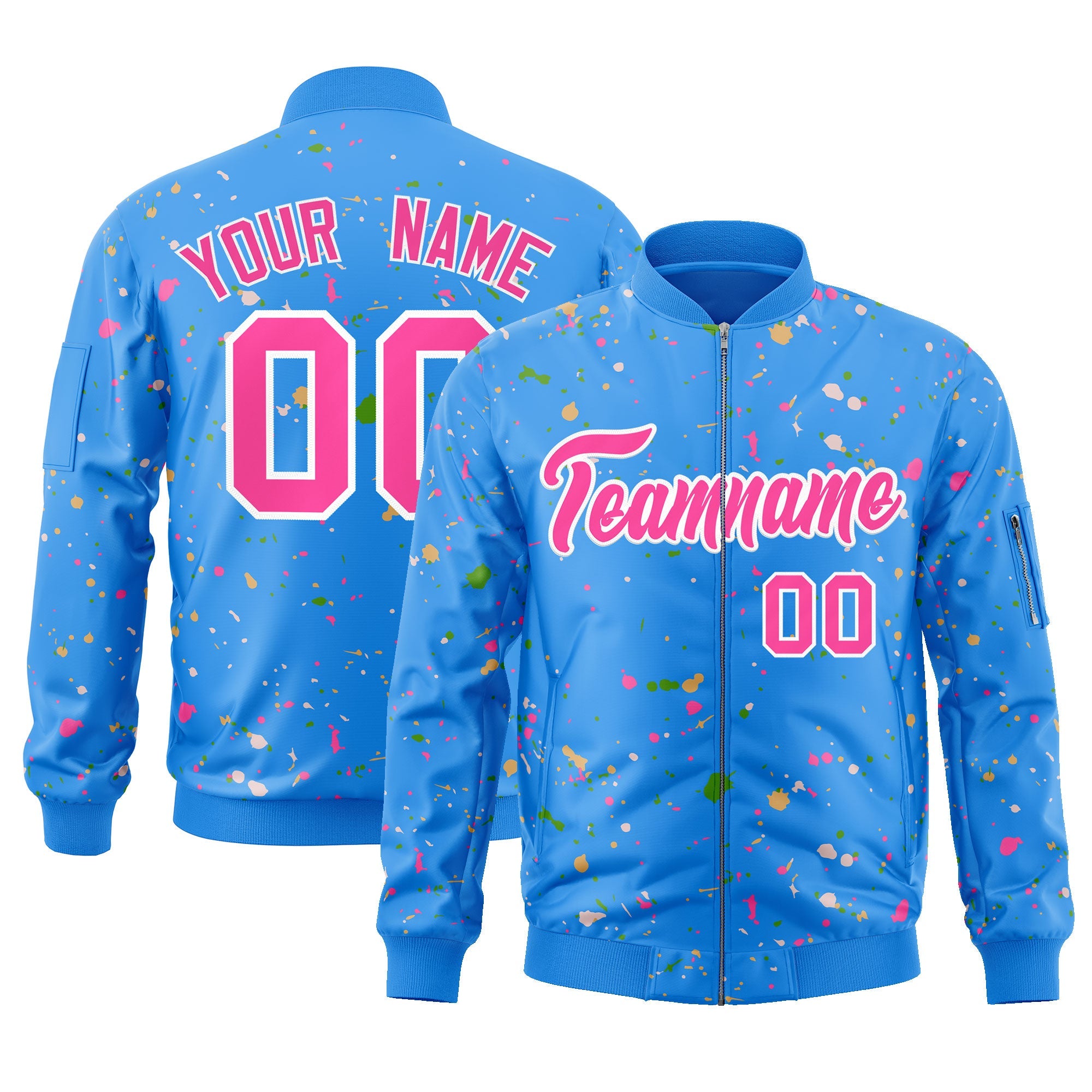 Custom Powder Blue Pink-White Varsity Full-Zip Splash Graffiti Pattern Letterman Jacket