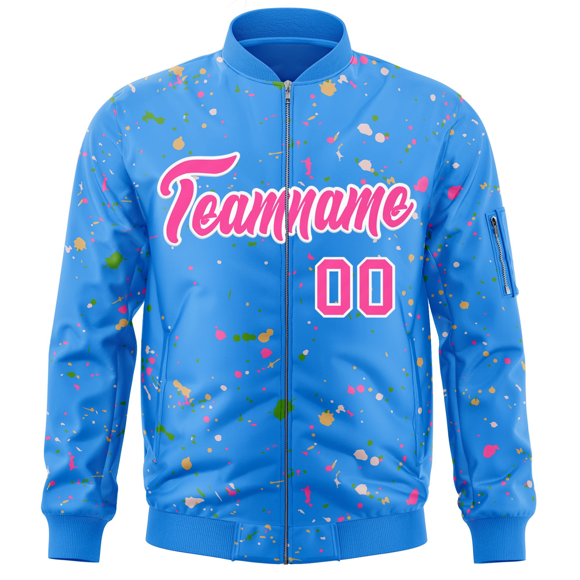 Custom Powder Blue Pink-White Varsity Full-Zip Splash Graffiti Pattern Letterman Jacket