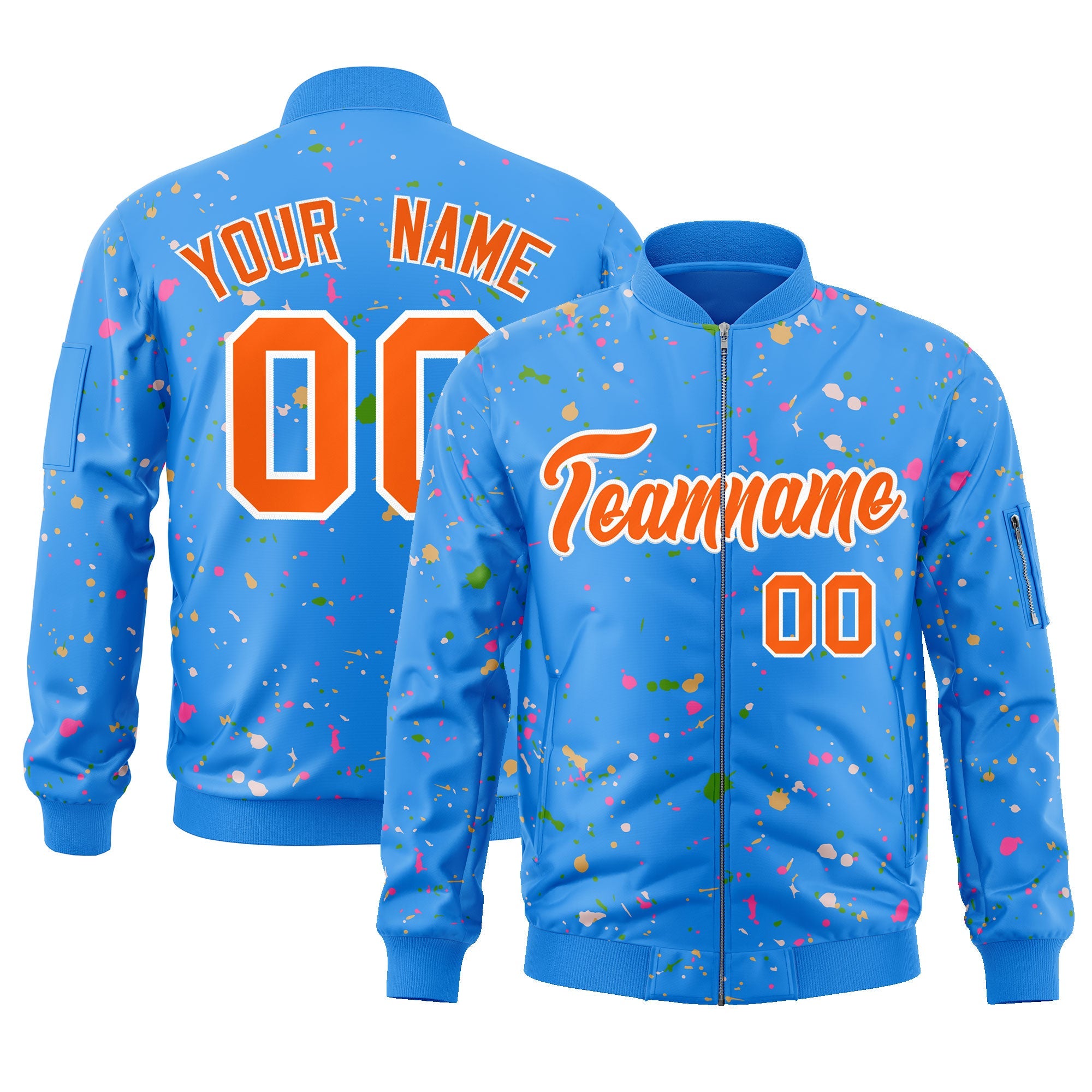 Custom Powder Blue Orange-White Varsity Full-Zip Splash Graffiti Pattern Letterman Jacket