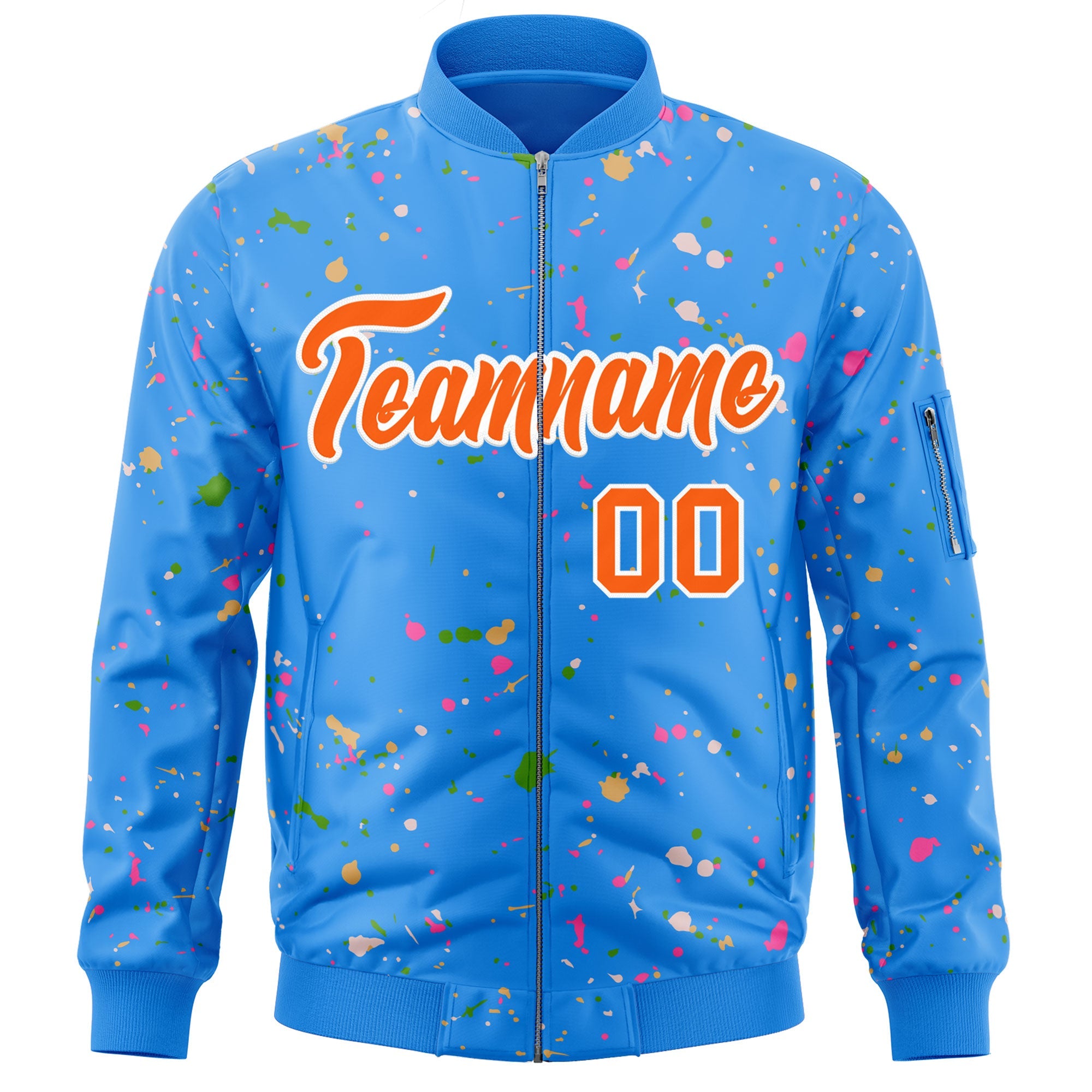 Custom Powder Blue Orange-White Varsity Full-Zip Splash Graffiti Pattern Letterman Jacket