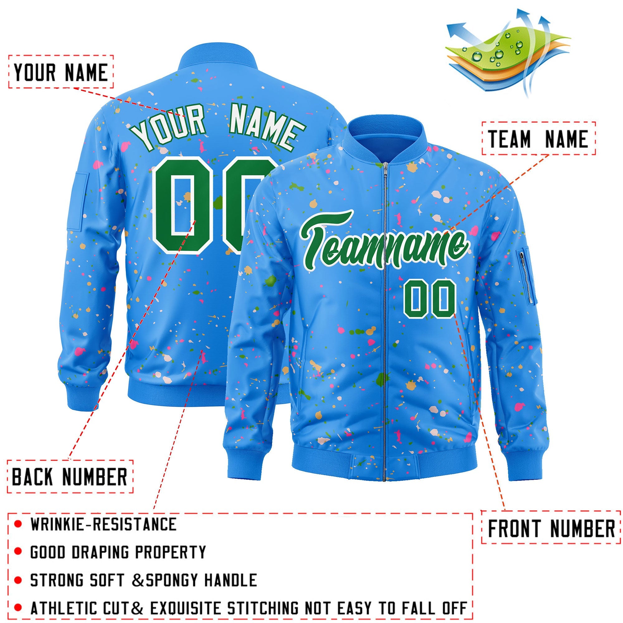 Custom Powder Blue Kelly Green-White Varsity Full-Zip Splash Graffiti Pattern Letterman Jacket