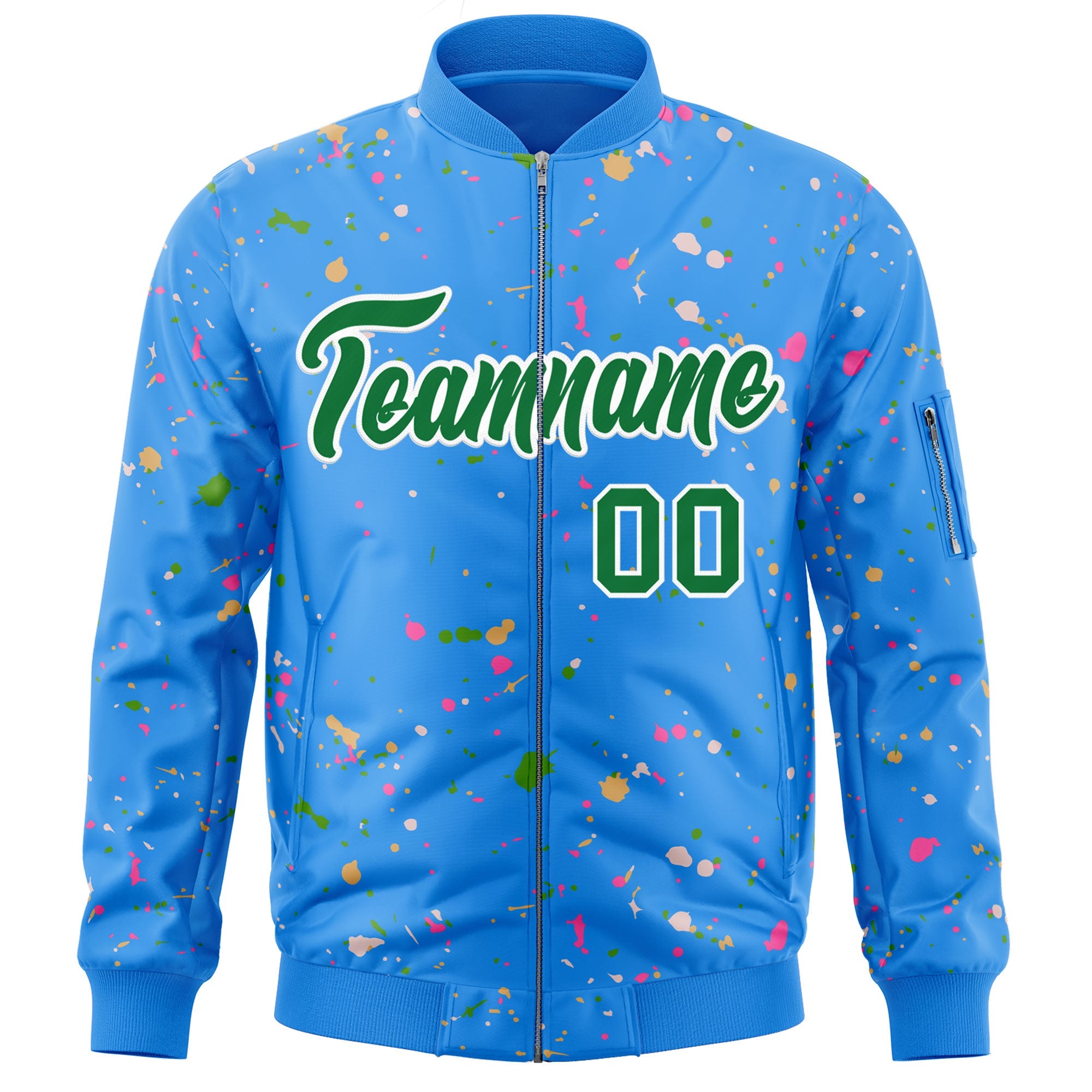 Custom Powder Blue Kelly Green-White Varsity Full-Zip Splash Graffiti Pattern Letterman Jacket