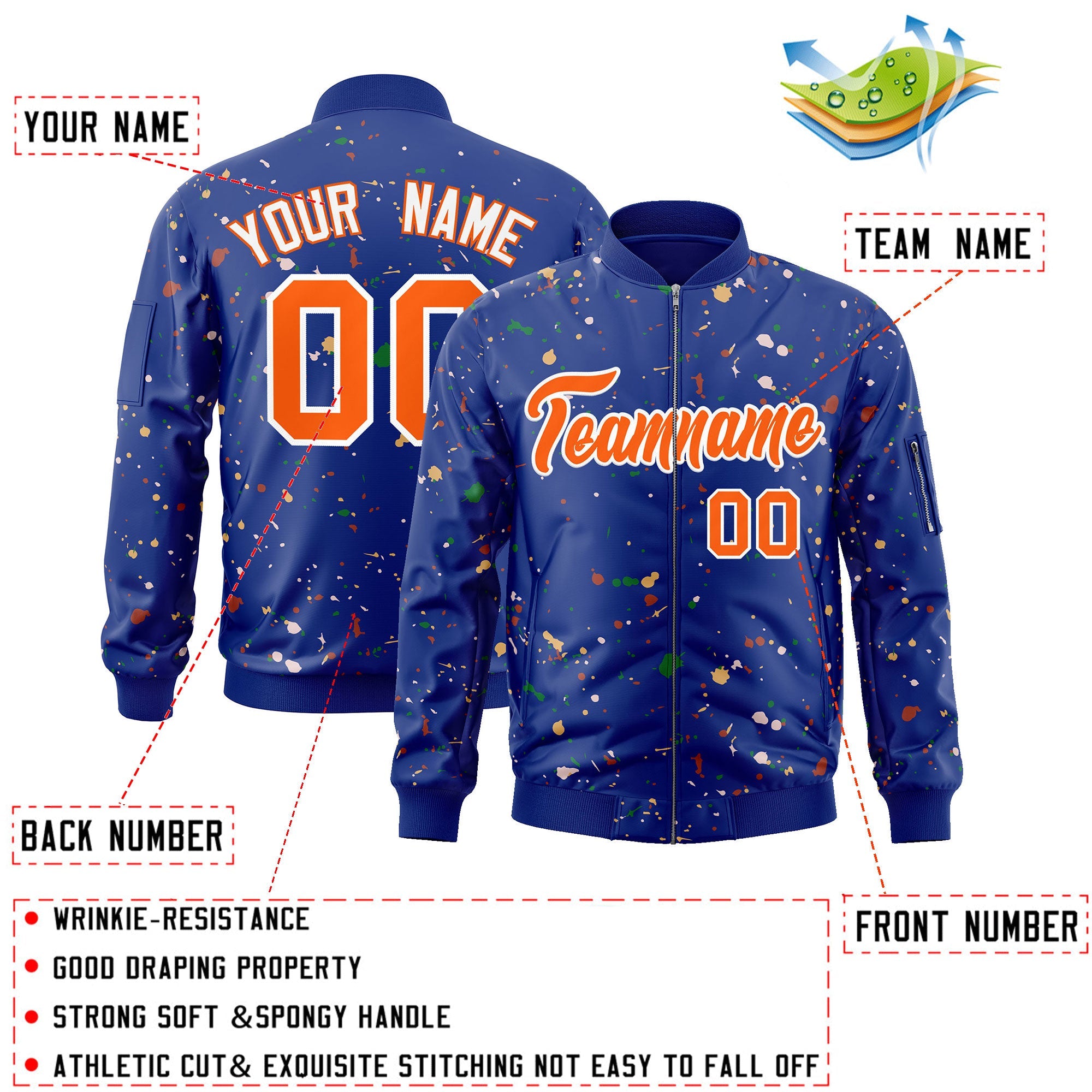 Custom Royal Orange-White Varsity Full-Zip Splash Graffiti Pattern Letterman Jacket