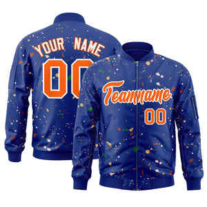 Custom Royal Orange-White Varsity Full-Zip Splash Graffiti Pattern Letterman Jacket