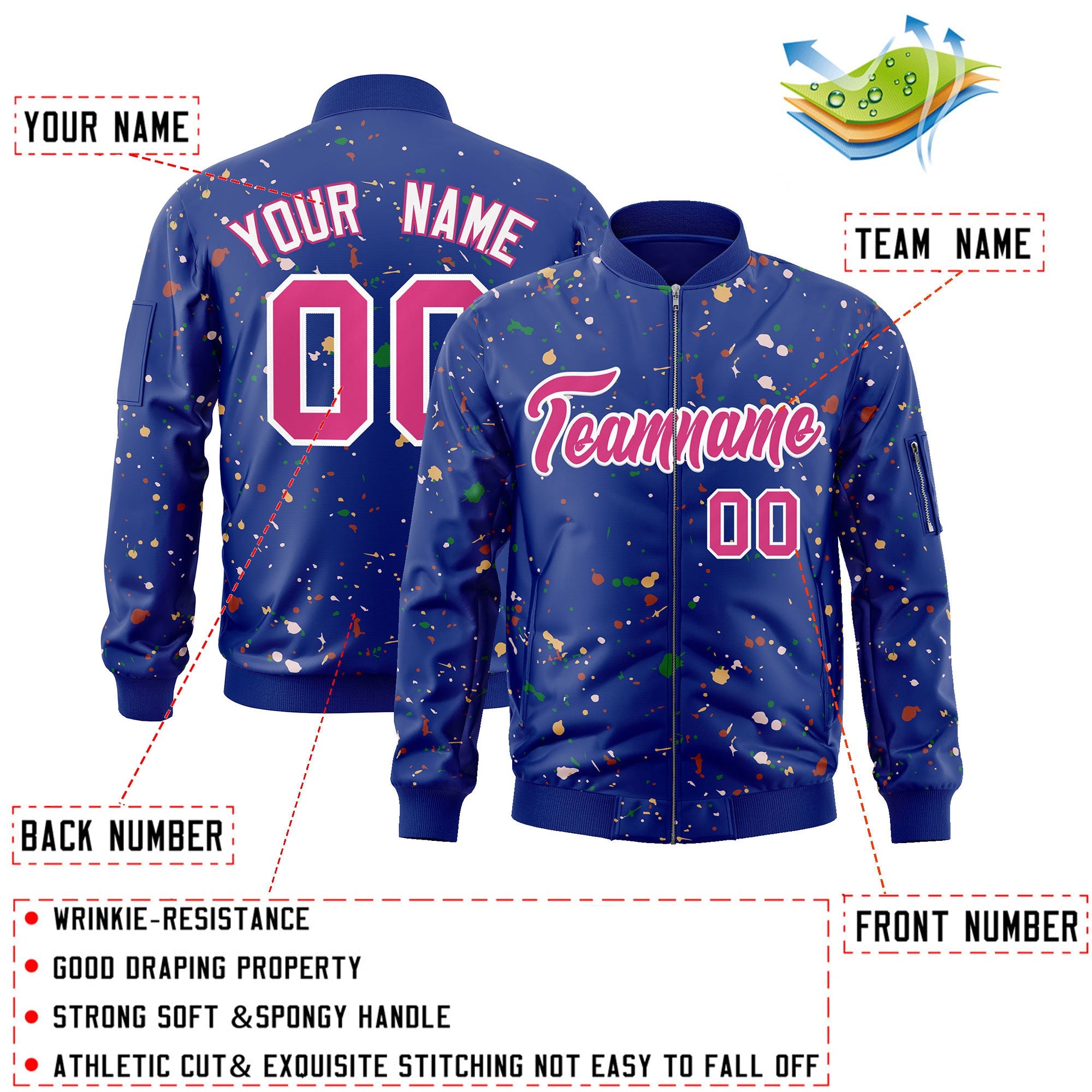 Custom Royal Pink-White Varsity Full-Zip Splash Graffiti Pattern Letterman Jacket