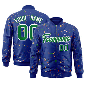 Custom Royal Kelly Green-White Varsity Full-Zip Splash Graffiti Pattern Letterman Jacket