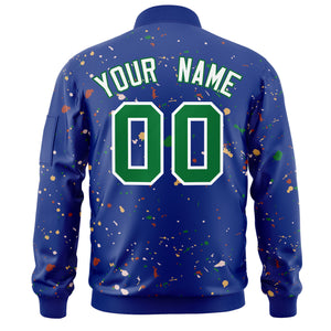 Custom Royal Kelly Green-White Varsity Full-Zip Splash Graffiti Pattern Letterman Jacket