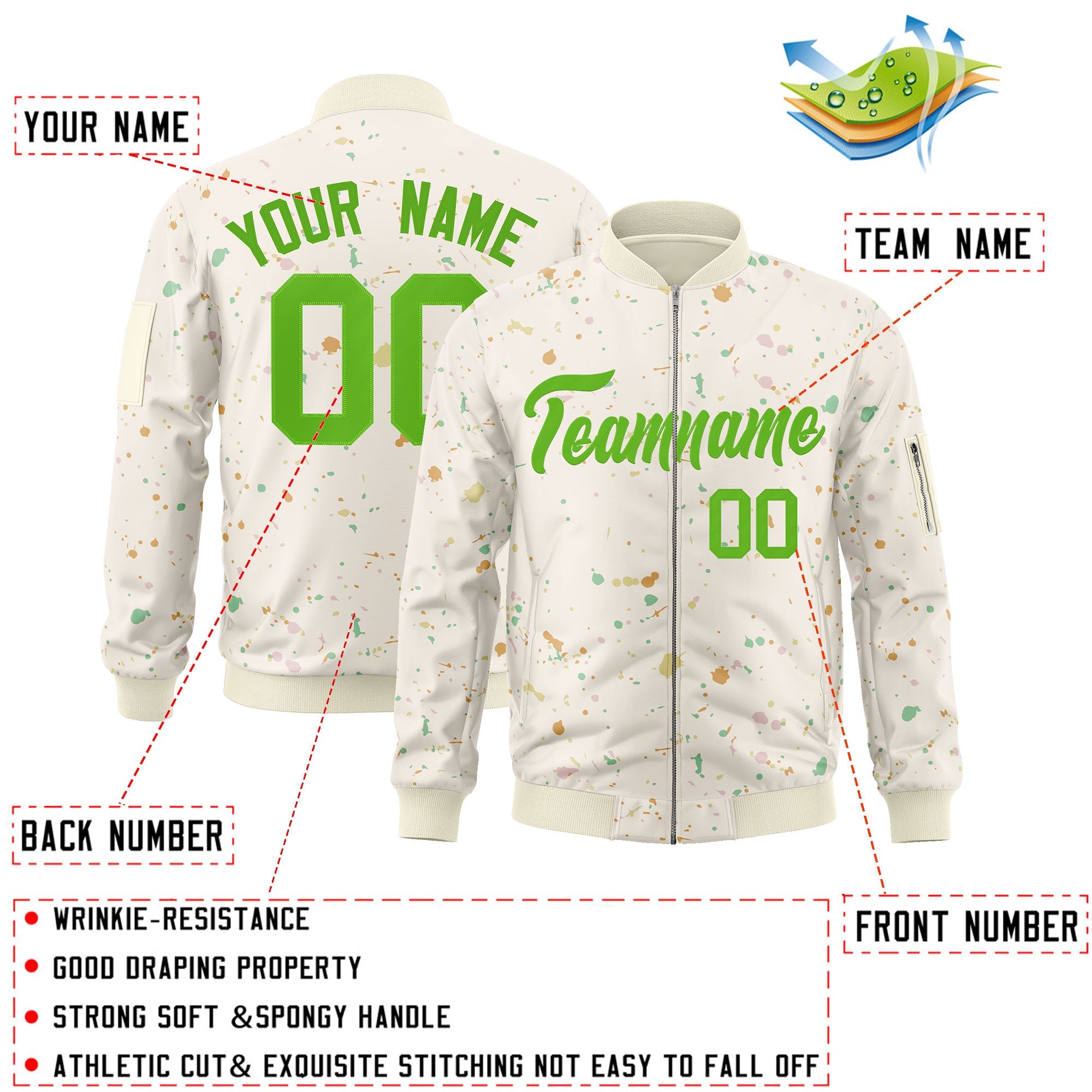 Custom Cream Green Varsity Full-Zip Splash Graffiti Pattern Letterman Jacket