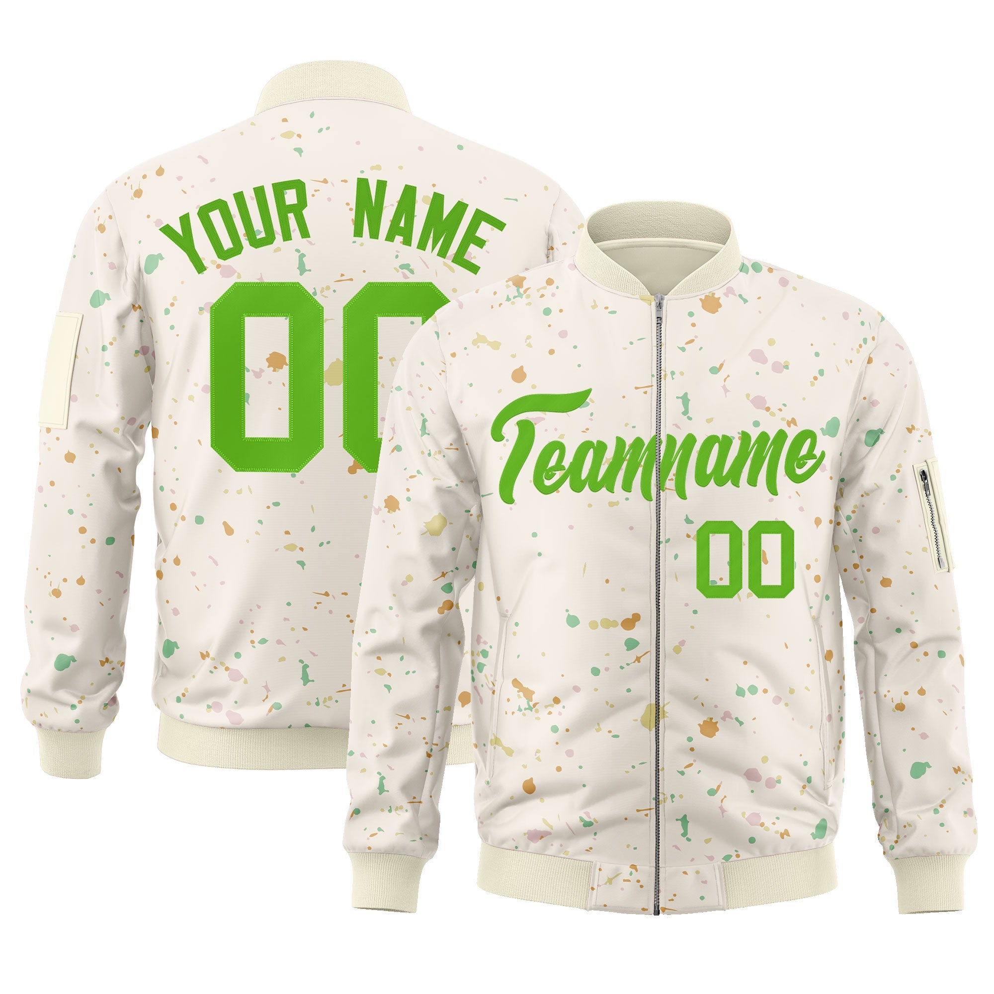 Custom Cream Green Varsity Full-Zip Splash Graffiti Pattern Letterman Jacket