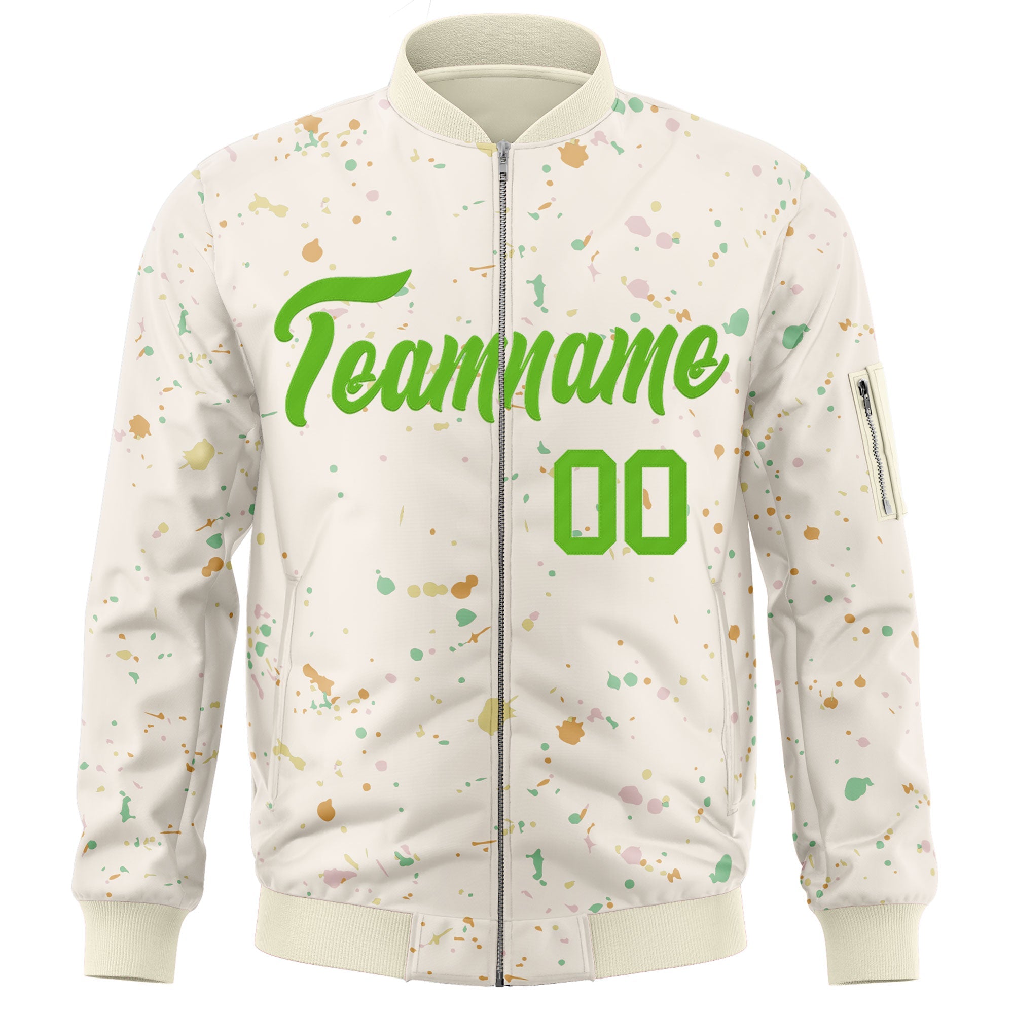 Custom Cream Green Varsity Full-Zip Splash Graffiti Pattern Letterman Jacket