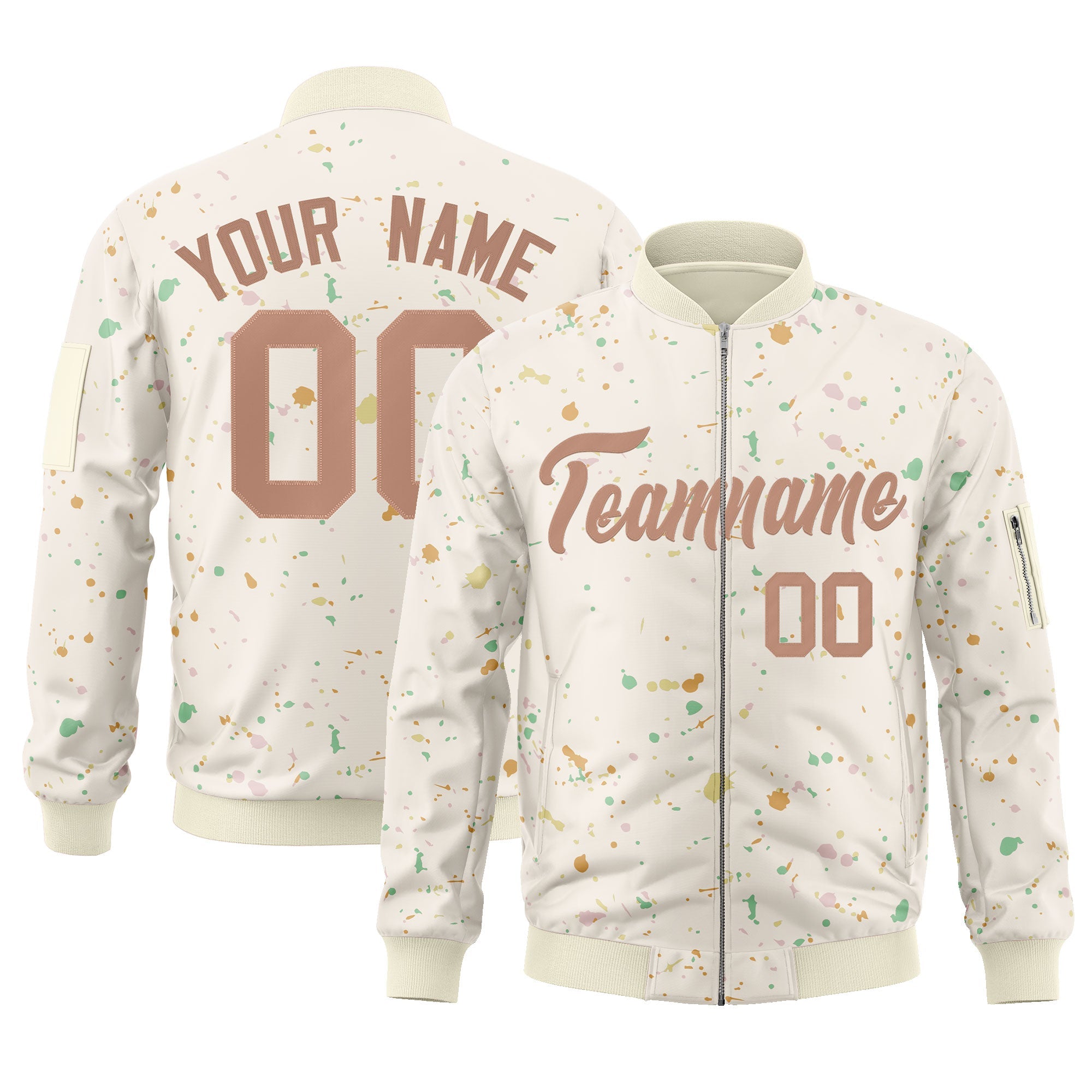 Custom Cream Brown Varsity Full-Zip Splash Graffiti Pattern Letterman Jacket